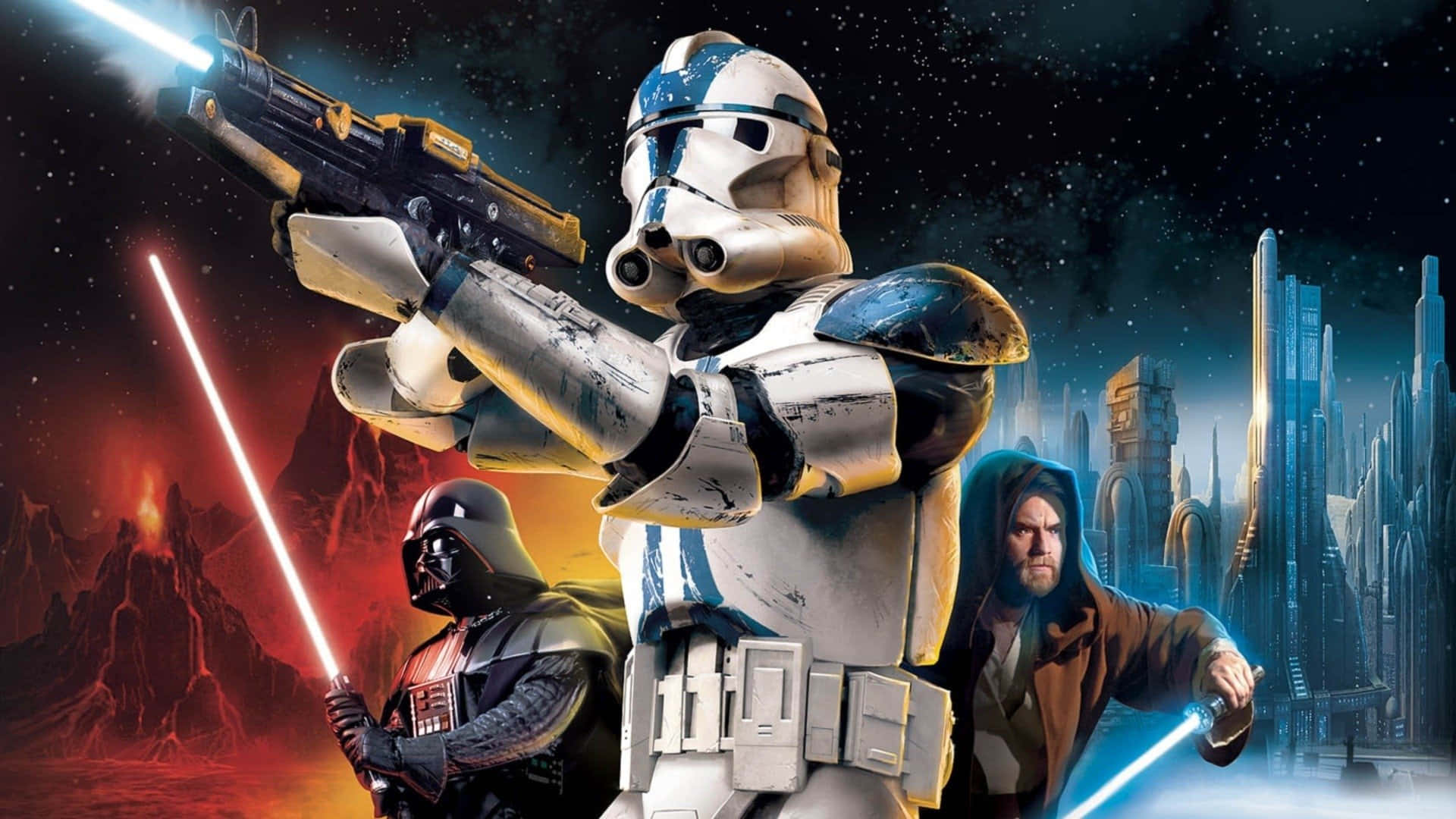 Star Wars Games 桌布 壁紙 — 一名複製人突擊兵發射爆能槍，而達斯維達和歐比王肯諾比揮舞光劍，背景是火山行星和未來城市。