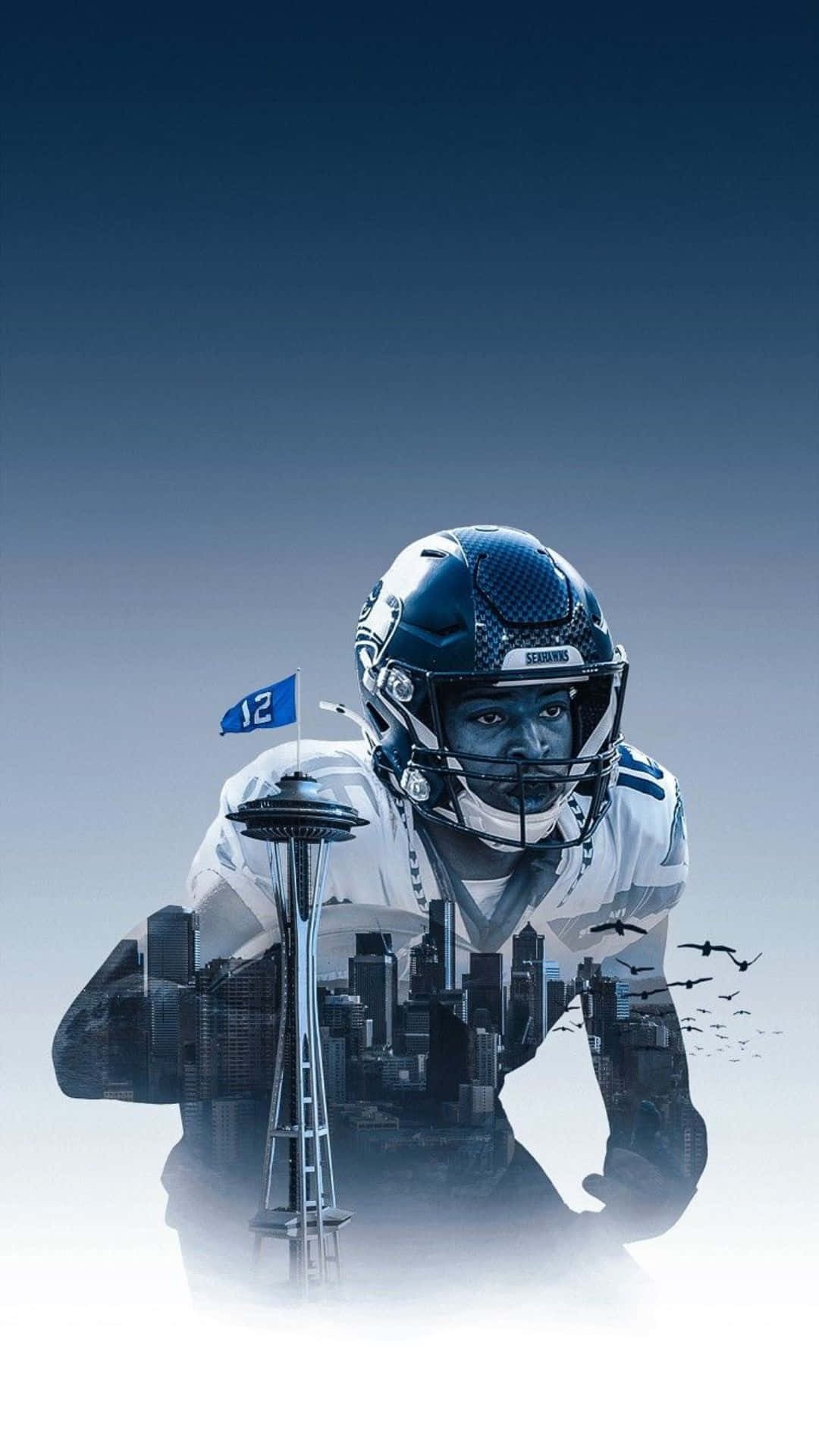 NFL 桌布 壁紙 — 一名西雅圖海鷹隊美式足球員戴著頭盔站立，城市天際線和太空針塔從他的剪影中浮現，背景是漸變藍天。