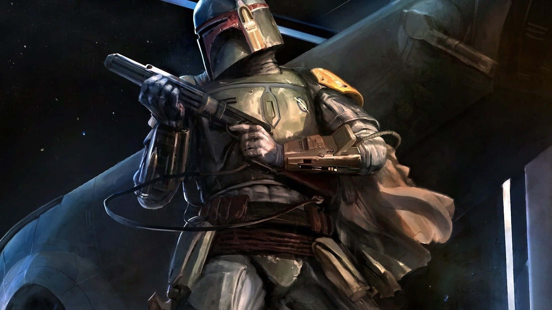 The War Of The Bounty Hunters 桌布 壁紙 — 一名賞金獵人身穿風化盔甲，手持爆能槍，以星空太空背景為襯，蓄勢待發。