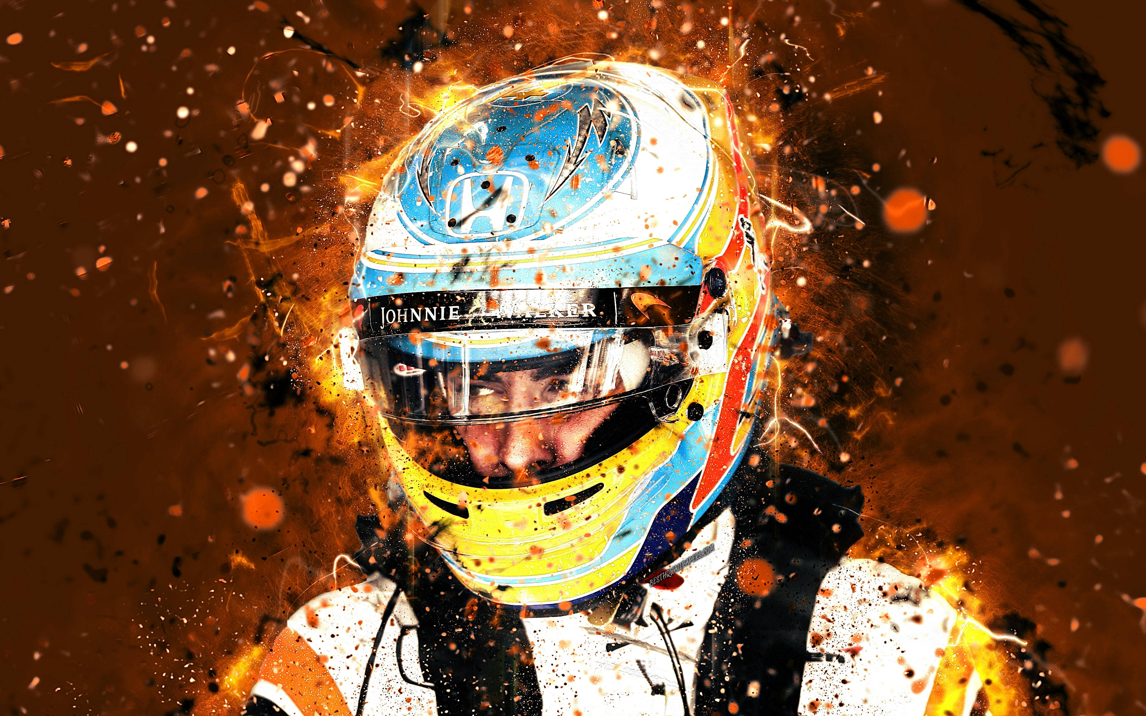Fernando Alonso 桌布 壁紙 — 一名賽車手戴著色彩繽紛的頭盔，在黑暗背景中被熾熱的橙色火花包圍。