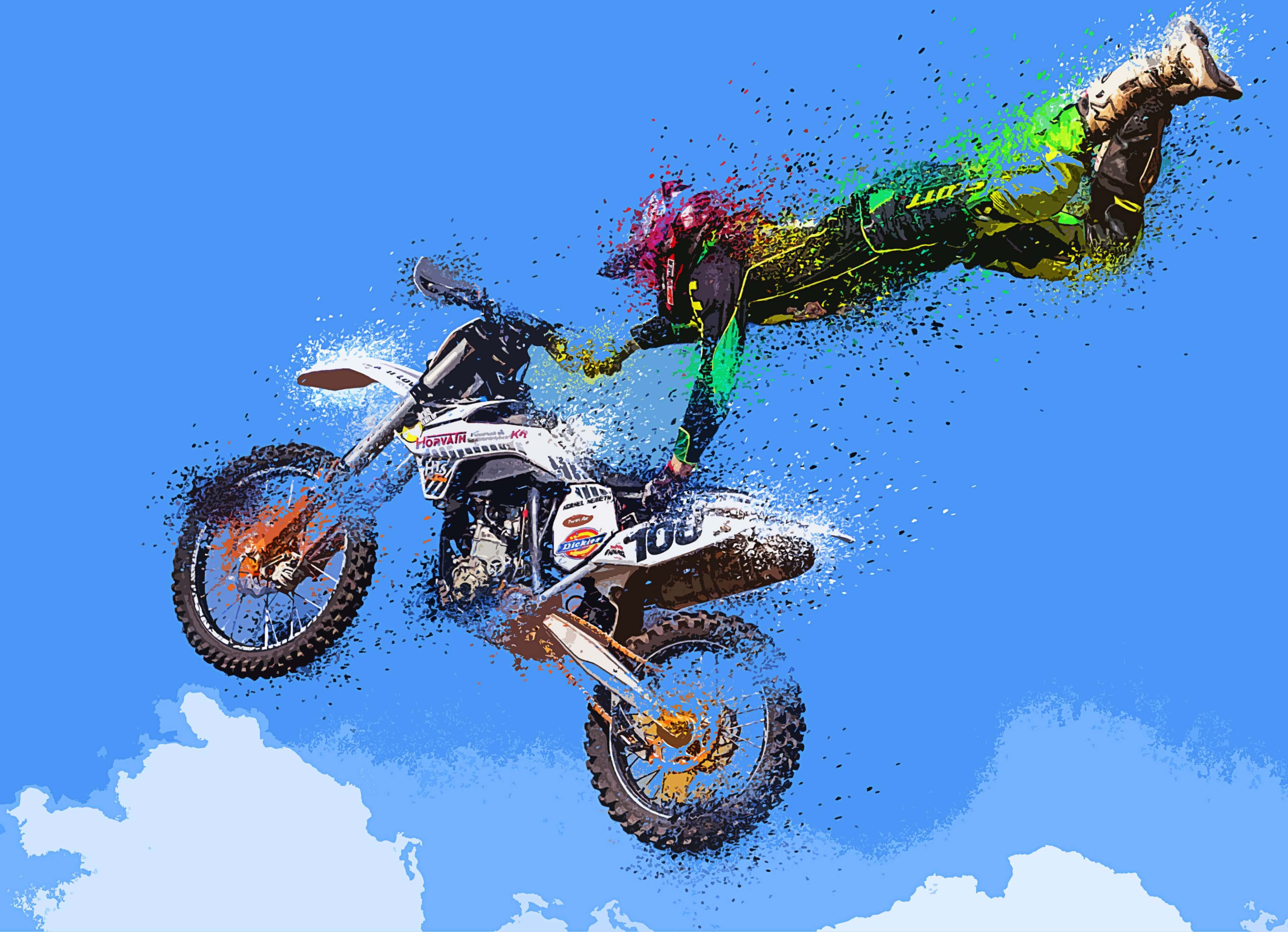 Motocross 桌布 壁紙 — 一名越野電單車手和電單車在藍天白雲下爆發出鮮豔色彩。