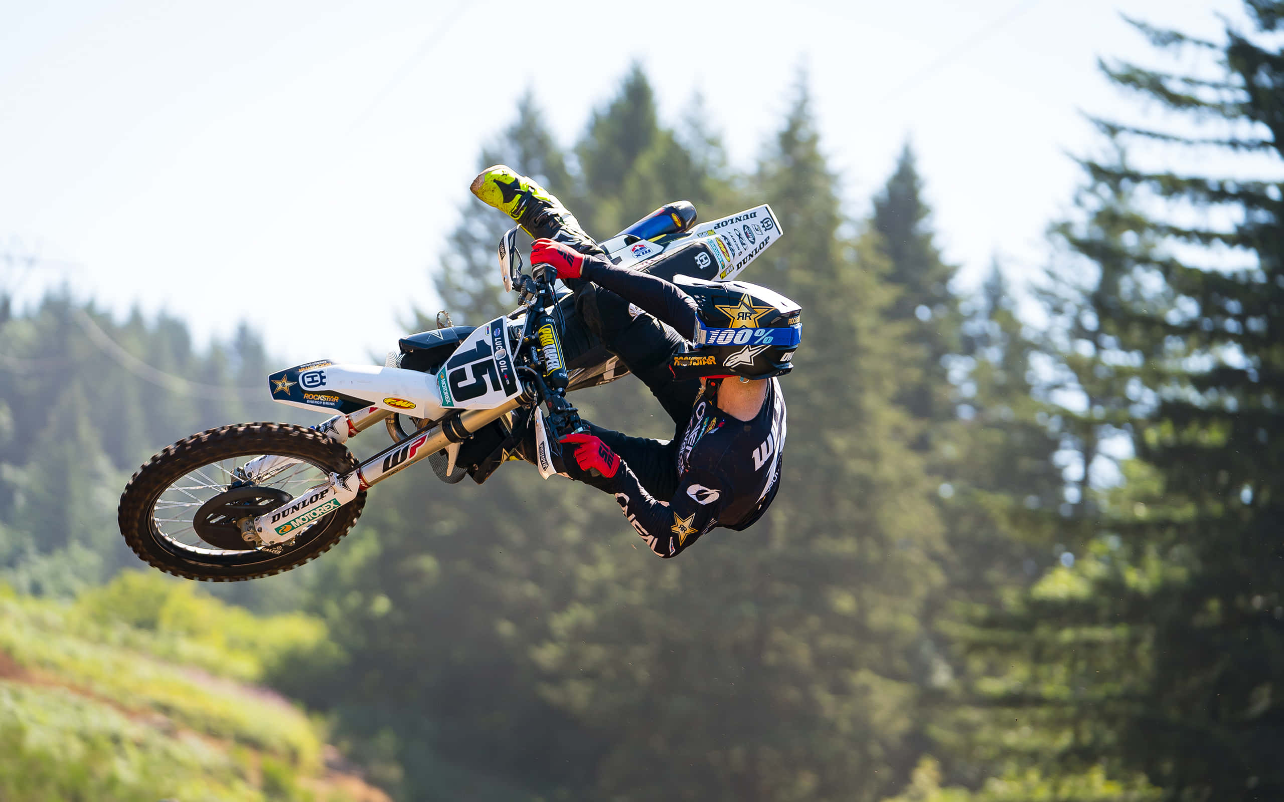 Motocross 桌布 壁紙 — 一名越野電單車手在陽光照耀的松樹和森林覆蓋的山丘背景下，於跳躍中途在空中翱翔。