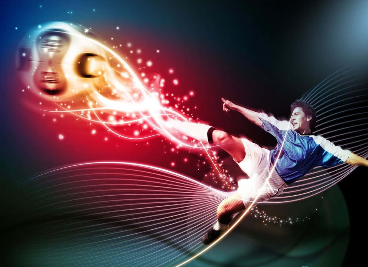 3d Sports 桌布 壁紙 — 一名足球員在半空中踢一個發光的球，周圍環繞著火焰般的能量軌跡，背景為深色。