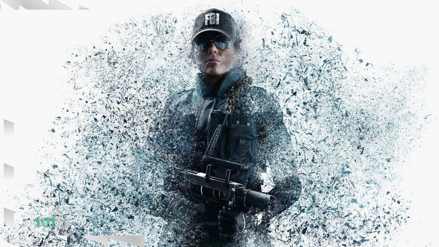Rainbow Six Siege Ash 桌布 壁紙 — 一名身穿FBI裝備的戰術特工從破碎玻璃效果中出現，背景為純白色。