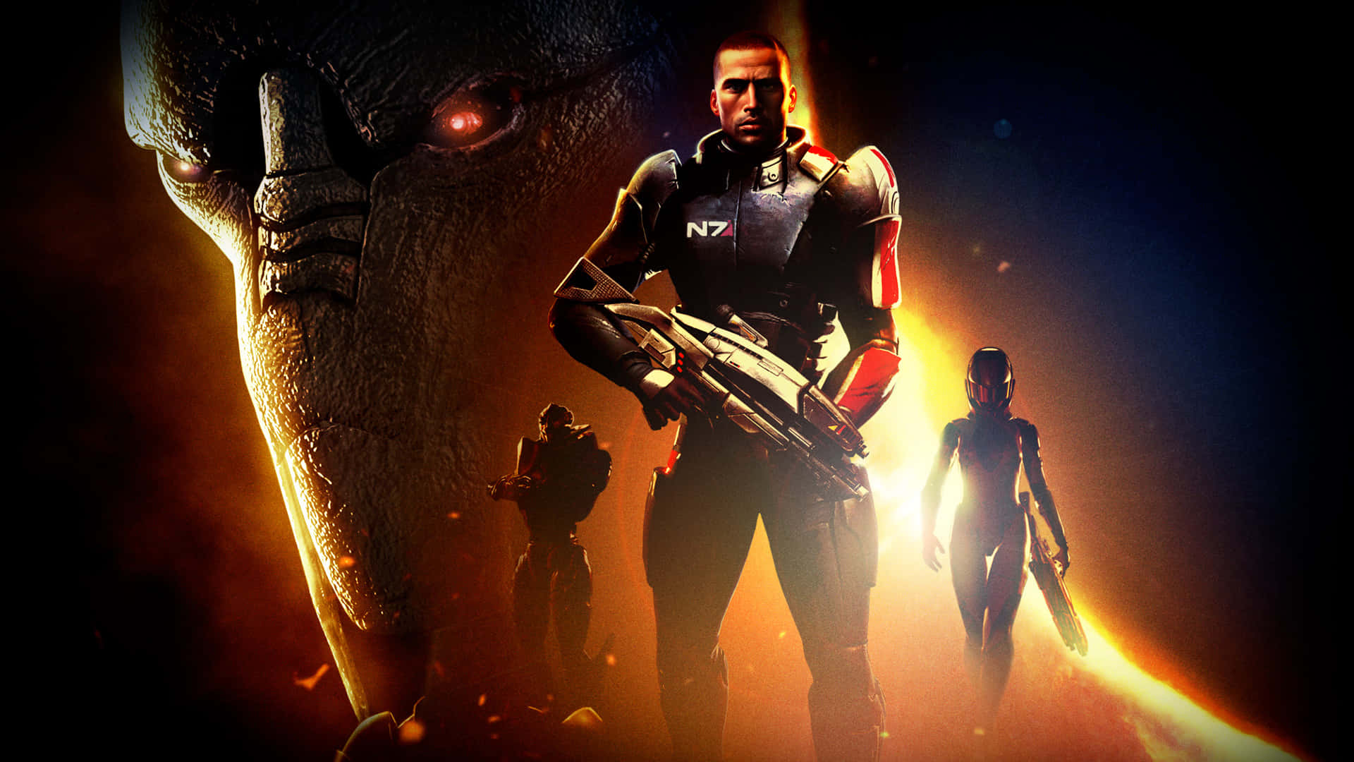 Mass Effect Characters 桌布 壁紙 — 一名身穿N7裝甲的士兵，挑釁地站在一個散發著紅眼和火焰光芒的巨大外星人臉前。