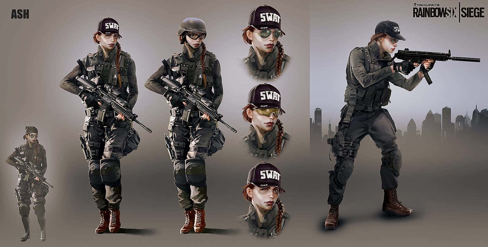 Rainbow Six Siege Ash 桌布 壁紙 — 一名身穿SWAT裝備的戰術女兵，以城市天際線為背景，手持步槍擺出姿勢。