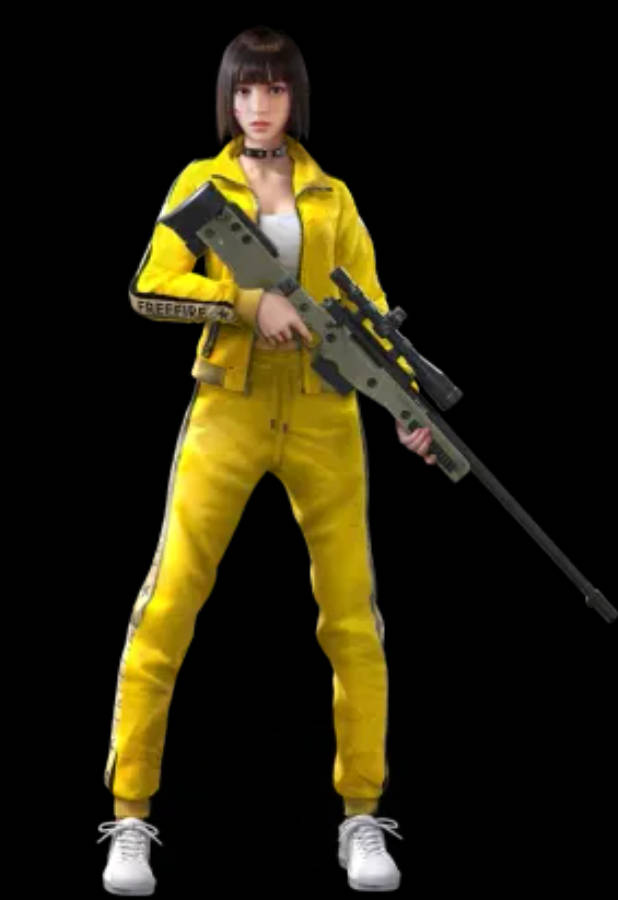 free fire 4K 桌布 壁紙 — 一名身穿亮黃色戰術裝備的女兵在黑色背景前手持狙擊步槍。