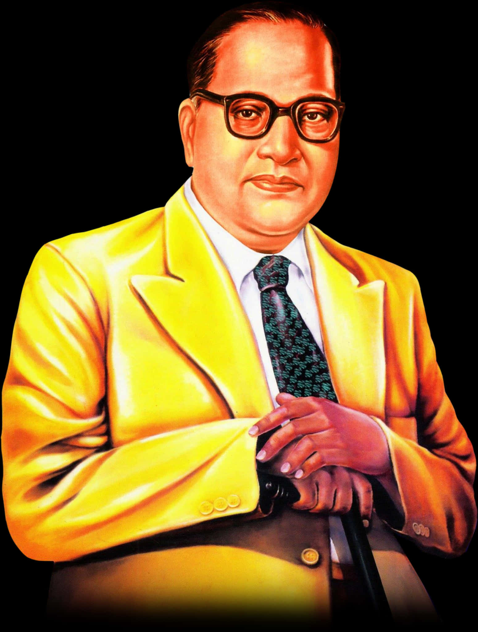 Ambedkar 桌布 壁紙 — 一名身穿亮黃色西裝、戴眼鏡的男子，在黑色背景前手持手杖，燈光效果戲劇化。