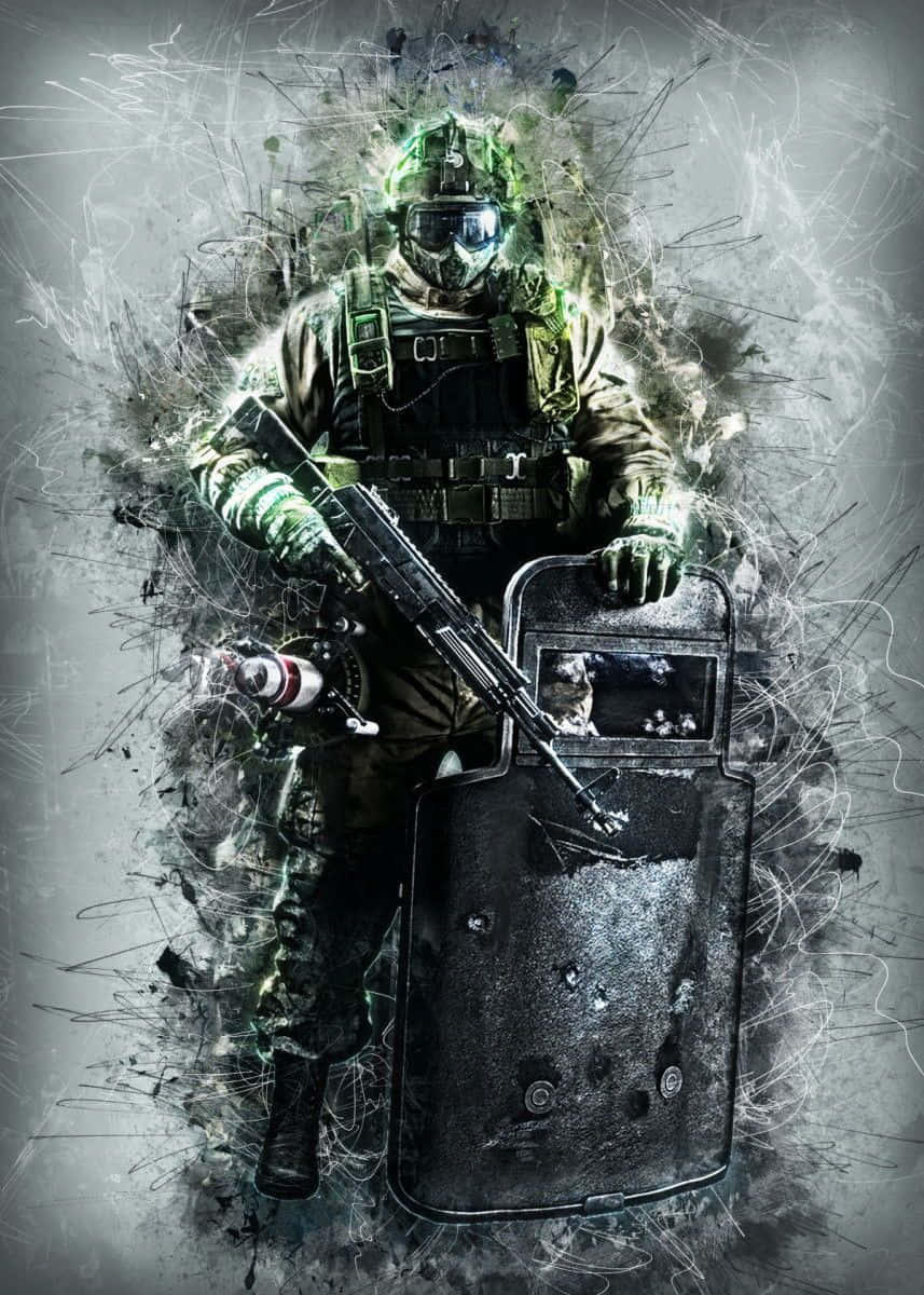 Rainbow Six Siege Fuze 桌布 壁紙 — 一名身穿全副戰術裝備的士兵，手持步槍和盾牌，衝破綠色和灰色墨水的混亂飛濺。