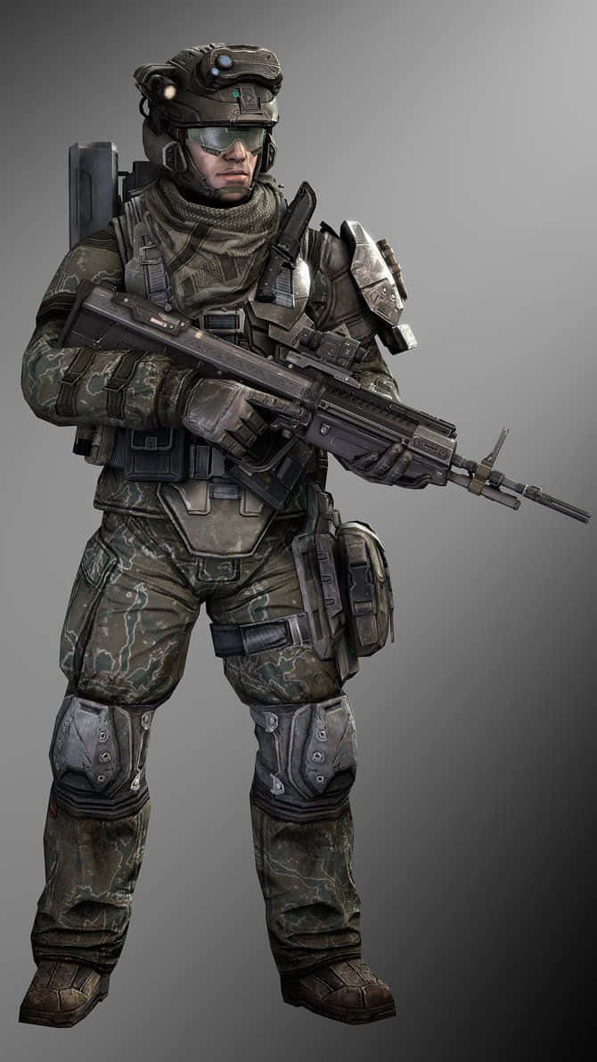 Halo Unsc 桌布 壁紙 — 一名身穿全套戰術裝備的士兵，在純灰色背景前專注地持步槍。