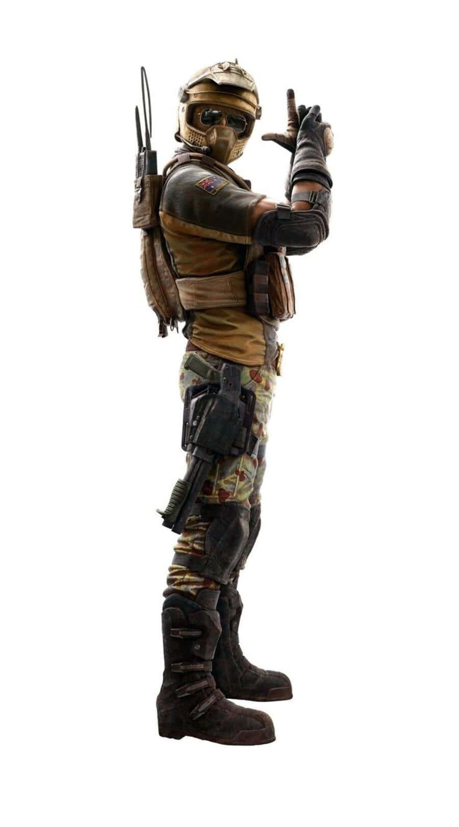 Rainbow Six Siege Mozzie 桌布 壁紙 — 一名身穿全套戰術裝備的士兵側身站在白色背景前，做出手勢。