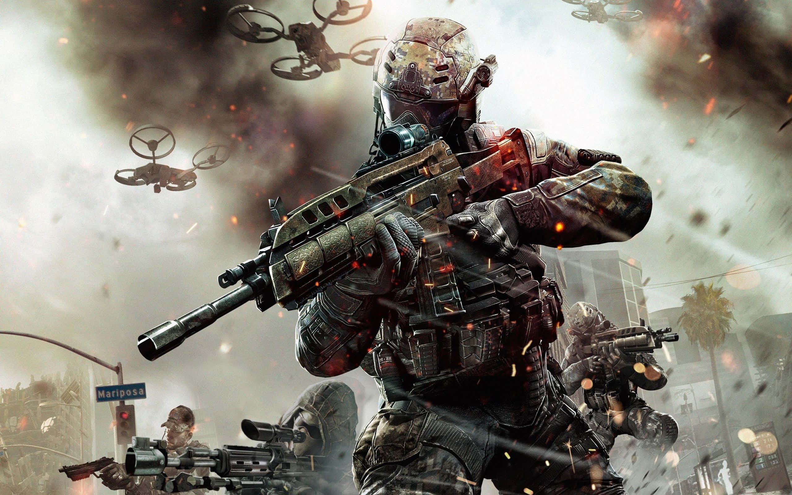 Call Of Duty Weapons 桌布 壁紙 — 一名身穿全套戰術裝備的士兵在充滿煙霧的背景中，伴隨著無人機和爆炸的都市混亂中發射步槍。