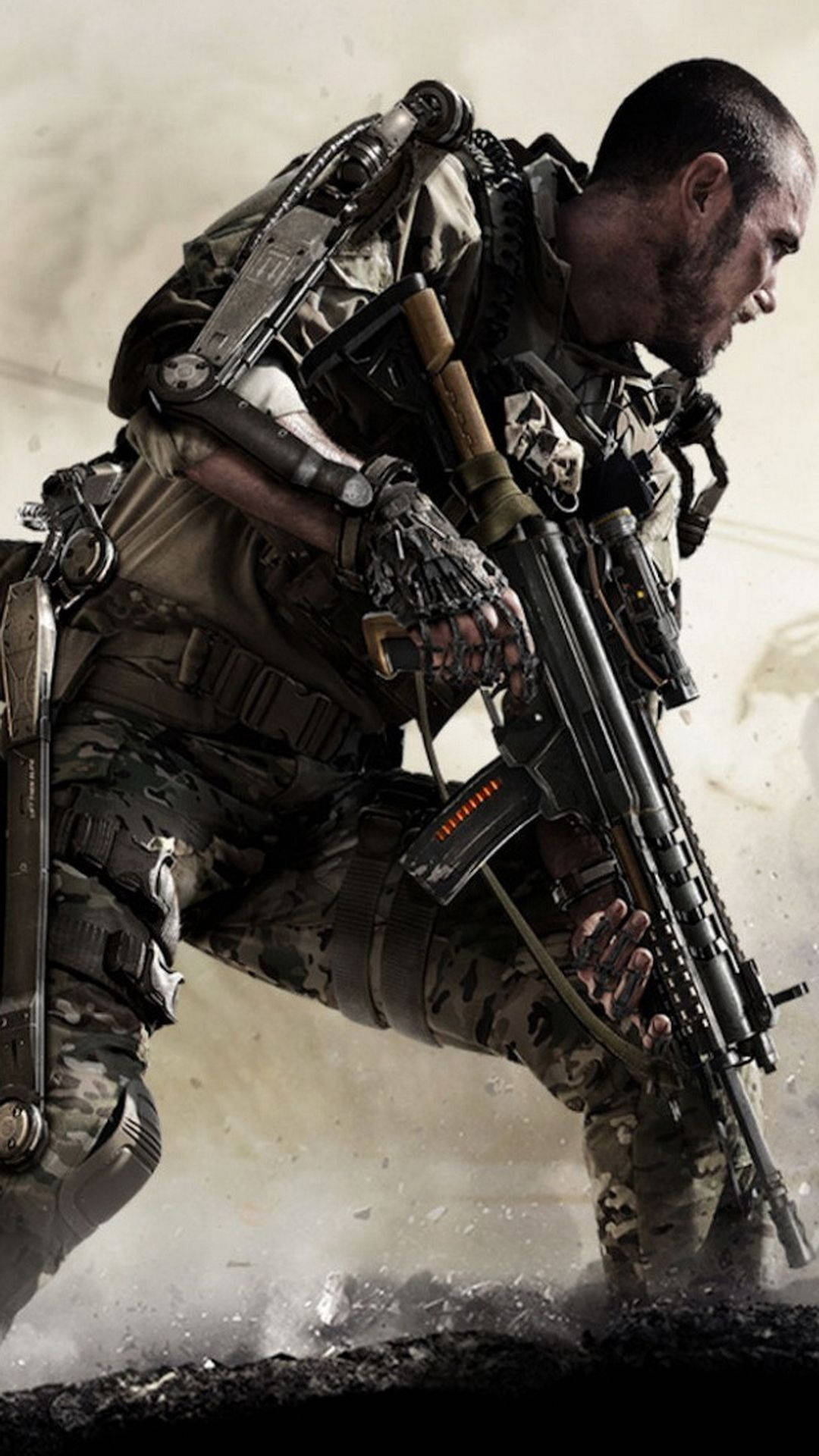 Call Of Duty Modern Warfare iPhone 桌布 壁紙 — 一名身穿全套戰術裝備的士兵在灰塵和碎片中低伏蹲下，專注地握著步槍。