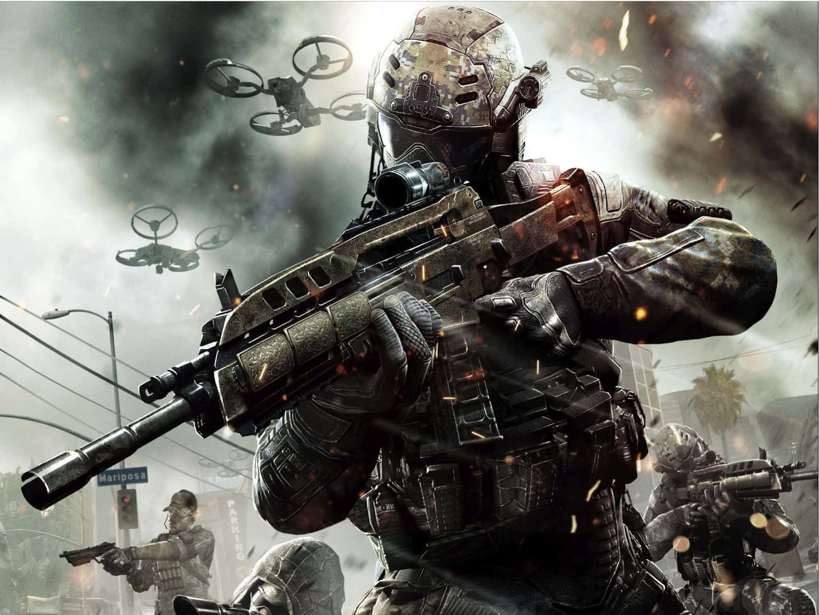 Call Of Duty Soldiers 桌布 壁紙 — 一名身穿全套戰術裝備的士兵在煙霧和飛行的無人機中，於混亂的城市戰場上開火步槍。