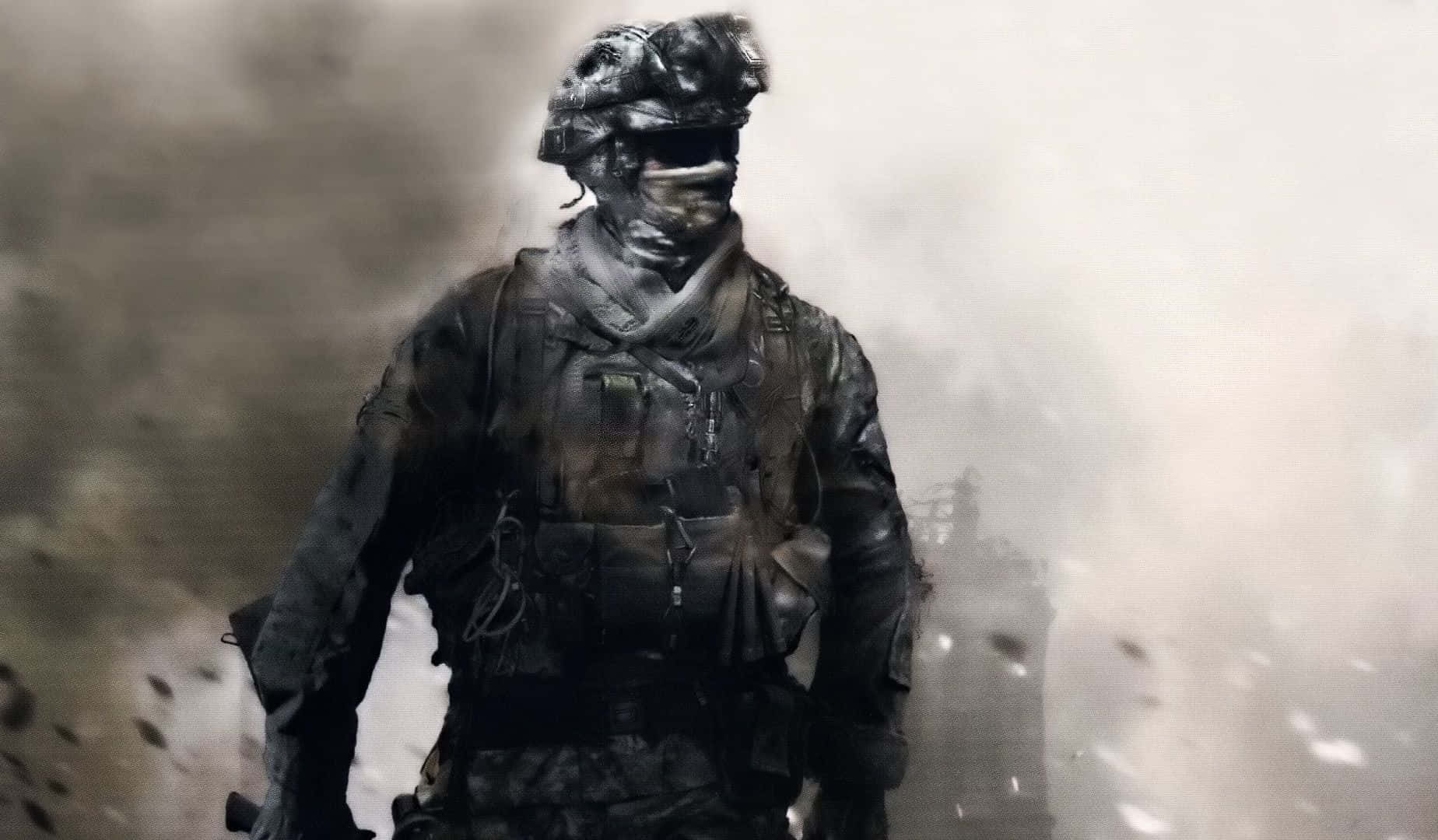 Call Of Duty Soldiers 桌布 壁紙 — 一名身穿全套戰術裝備的士兵在煙霧瀰漫、碎片飛揚的戰場上堅定地站立。