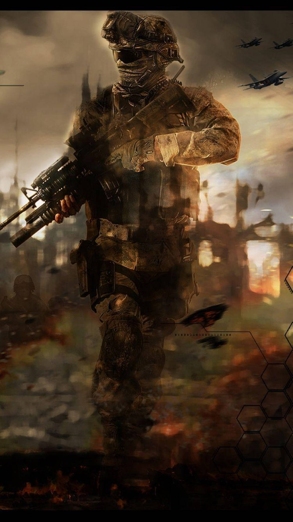 Call Of Duty Modern Warfare iPhone 桌布 壁紙 — 一名身穿全套戰術裝備的士兵站在燃燒的廢墟中，戰鬥機在戰火摧殘的城市上空飛過。