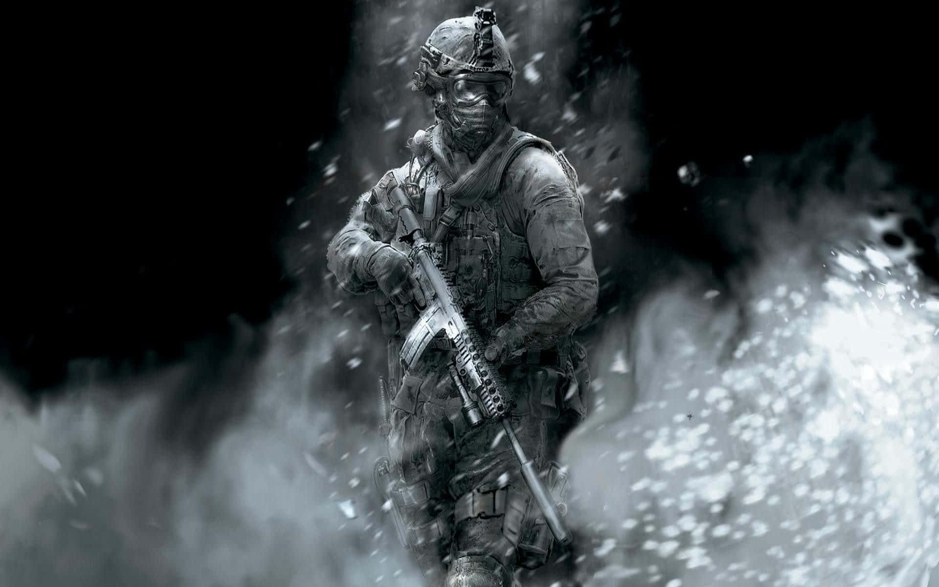 Call Of Duty Soldiers 桌布 壁紙 — 一名身穿全套戰術裝備的士兵站在黑暗背景中旋轉的雪和煙霧中。
