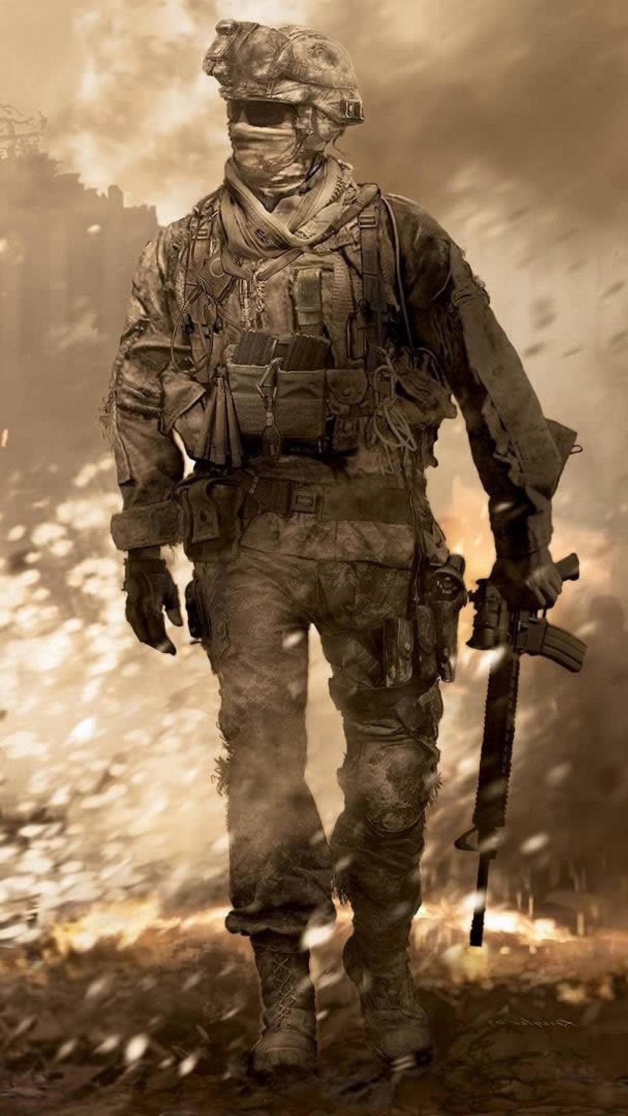Call Of Duty Modern Warfare iPhone 桌布 壁紙 — 一名身穿全套戰鬥裝備的士兵，在戰火摧殘的城市戰場上，站在熾熱的爆炸和煙霧之中。