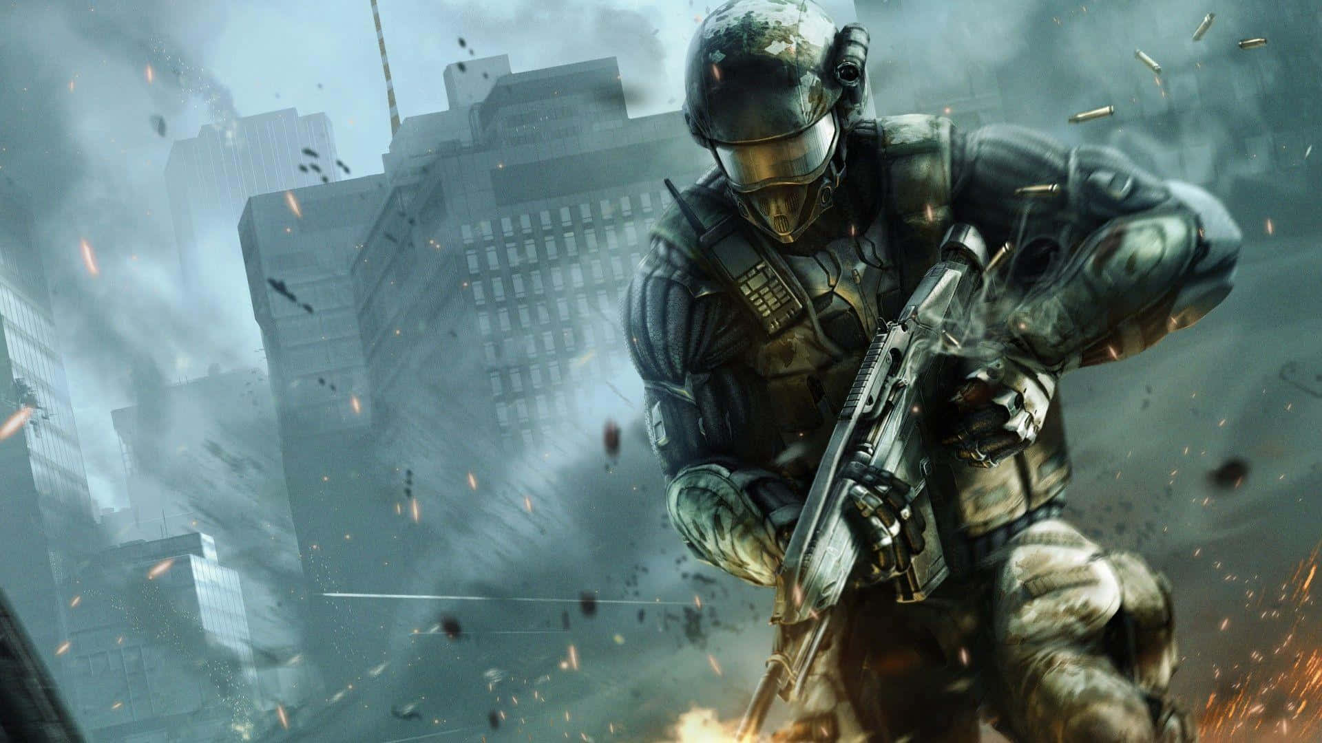 First-person Shooter 桌布 壁紙 — 一名身穿全套戰鬥裝備的士兵在煙霧瀰漫的城市戰場上前進，周圍有飛揚的碎片和爆炸。
