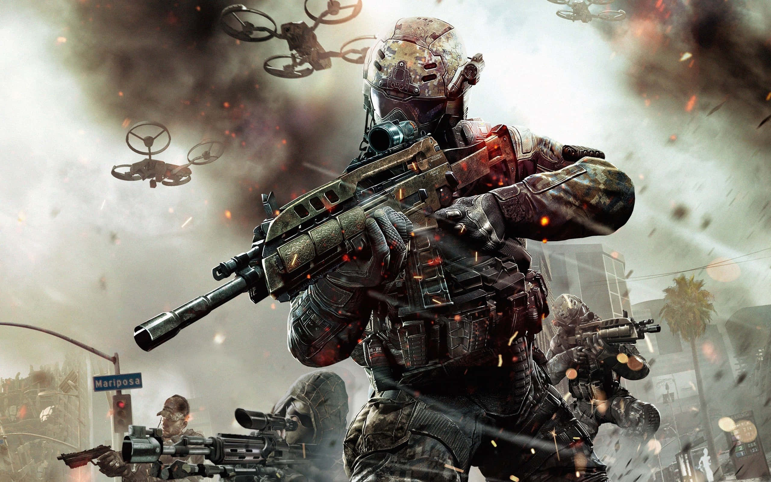 Call Of Duty Weapons 桌布 壁紙 — 一名身穿全套戰鬥裝備的士兵在爆炸和飛行的無人機中，於戰火摧殘的城市街道上開火射擊步槍。