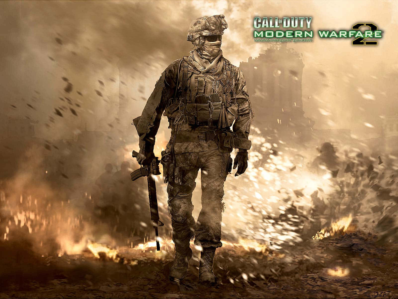 Call Of Duty Weapons 桌布 壁紙 — 一名身穿全套戰鬥裝備的士兵走過一個煙霧和碎片旋轉的烈火戰場。