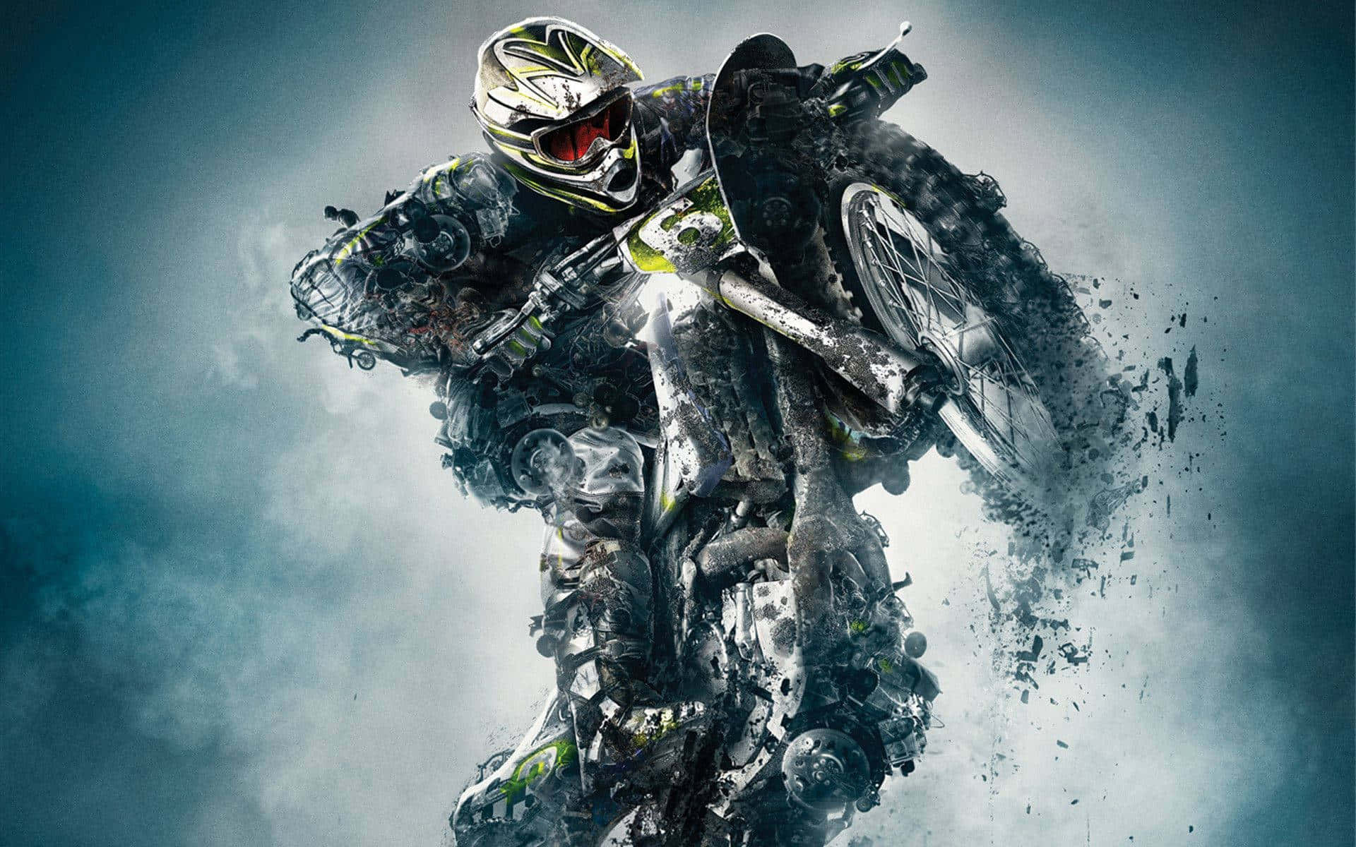 Motocross 桌布 壁紙 — 一名身穿全套裝備的越野電單車手在風暴天空下，連人帶車以動態碎片化姿態騰空飛躍。