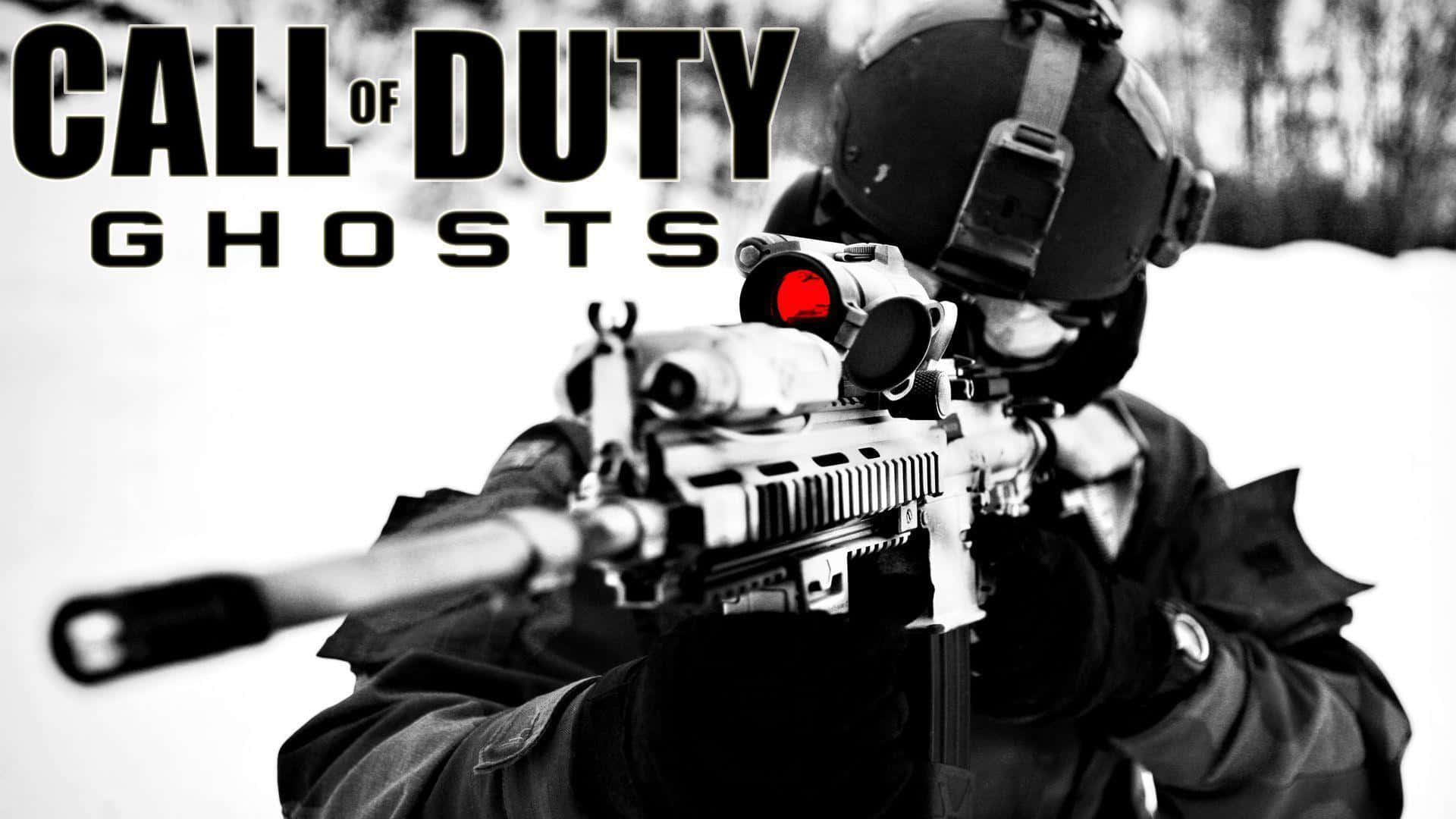 Call Of Duty Ghosts 桌布 壁紙 — 一名身穿冬季裝備的士兵在『Call of Duty Ghosts』標題下，於雪景背景中瞄準一支帶有發光紅色瞄準鏡的步槍。