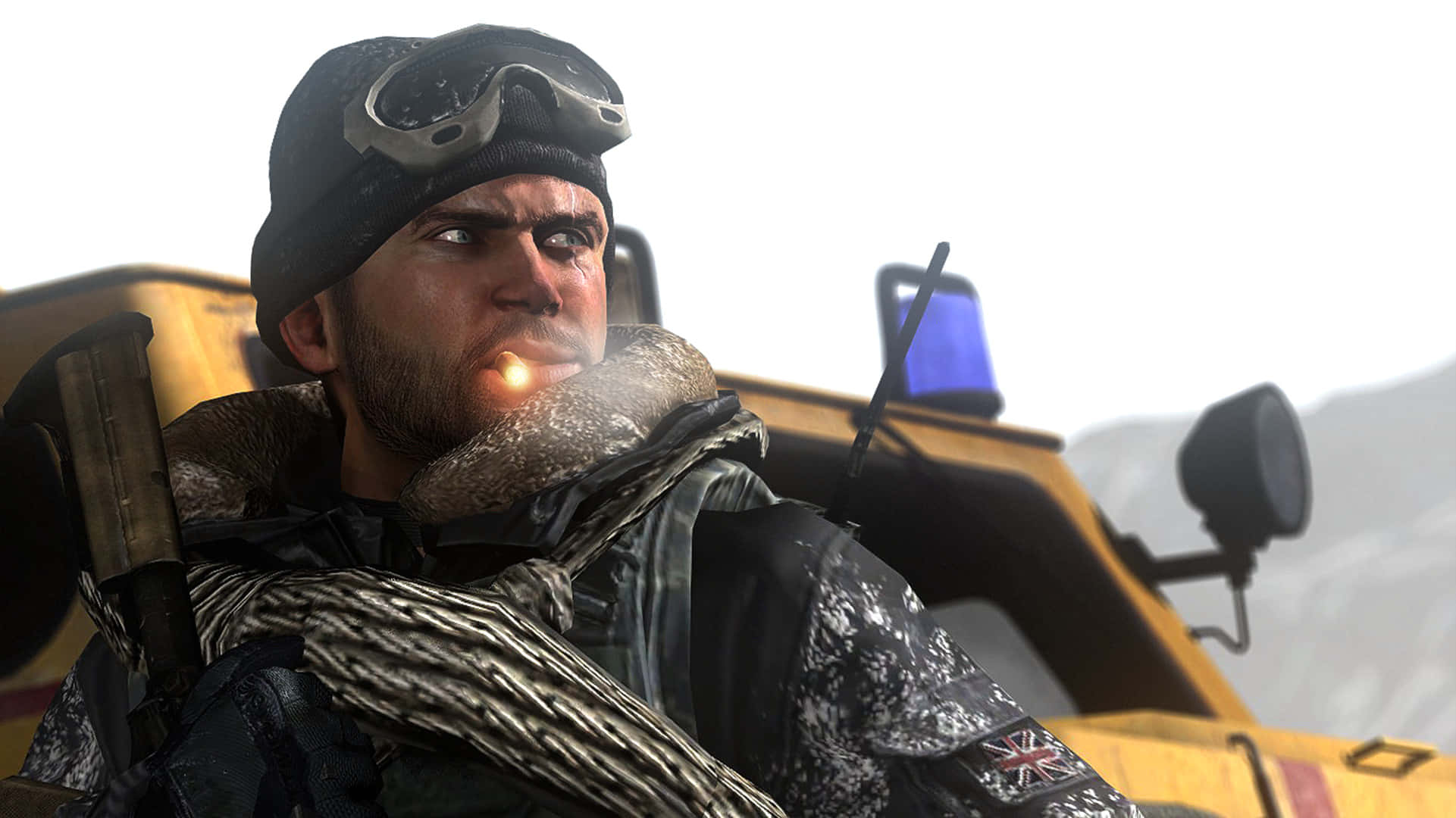 Soap Mactavish 桌布 壁紙 — 一名身穿冬季裝備的強壯士兵在白雪覆蓋的山區景觀中，在一輛黃色軍車旁邊抽煙。