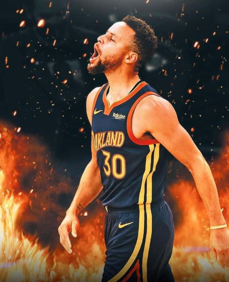 steph curry 桌布 壁紙 — 一名身穿奧克蘭球衣的籃球運動員在黑暗背景下，周圍火焰噴發，發出勝利的咆哮。