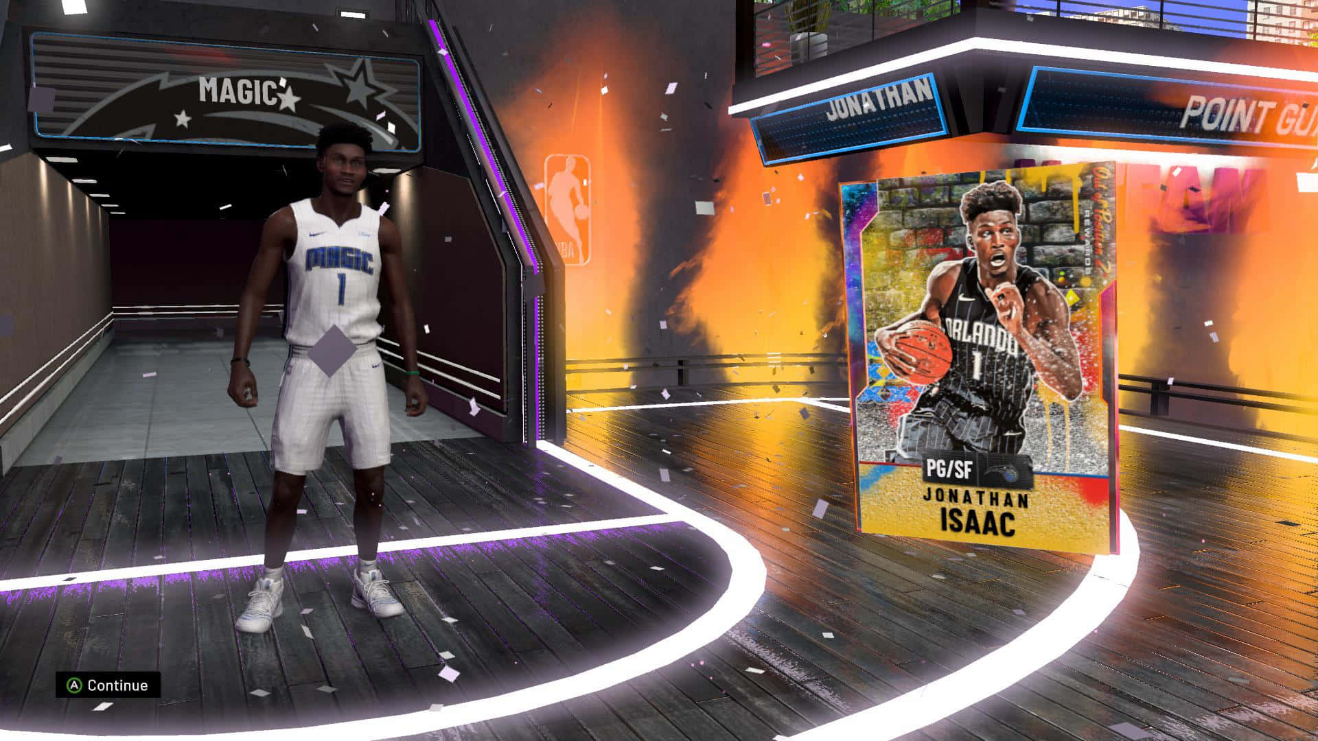Jonathan Isaac NBA2K Online 壁紙 — 一名身穿奧蘭多魔術隊球衣的籃球運動員站在未來感十足的霓虹燈競技場中，旁邊是一張發光的球員卡。