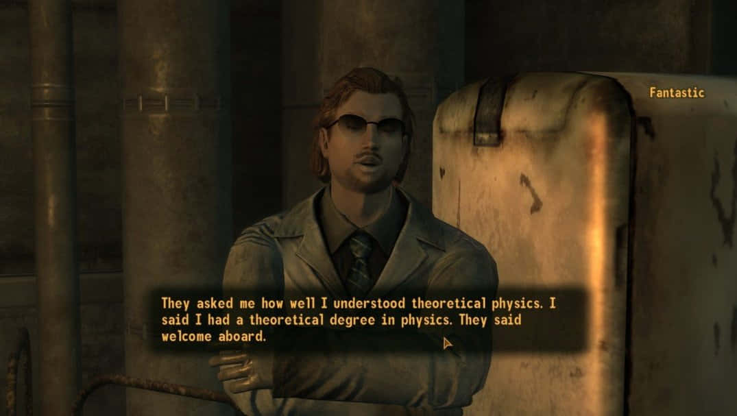Fallout Characters 桌布 壁紙 — 一名身穿實驗室外套、戴著太陽眼鏡的男子站在昏暗的工業環境中，帶有對話文字疊加。