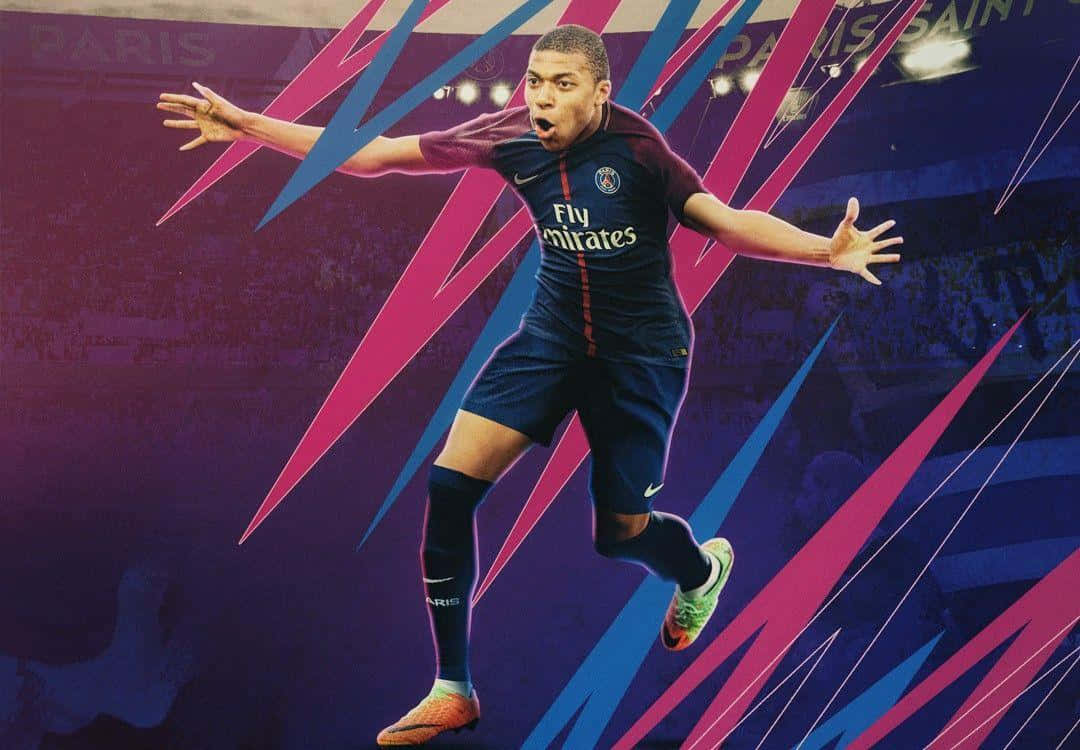 Mbappe 桌布 壁紙 — 一名身穿巴黎聖日耳曼球衣的動感足球員，在充滿活力的紫色和粉紅色抽象背景前張開雙臂跳躍。