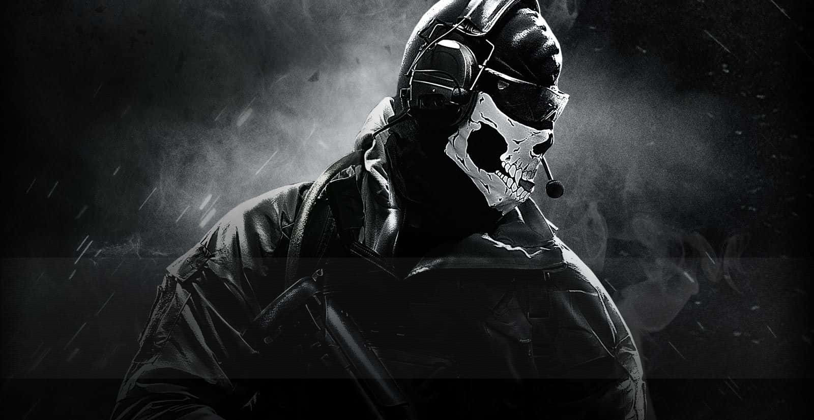 Call Of Duty Soldiers 桌布 壁紙 — 一名身穿戰術裝備、戴著骷髏面具的士兵，站在煙霧和雨滴落下的黑暗雨中環境中。