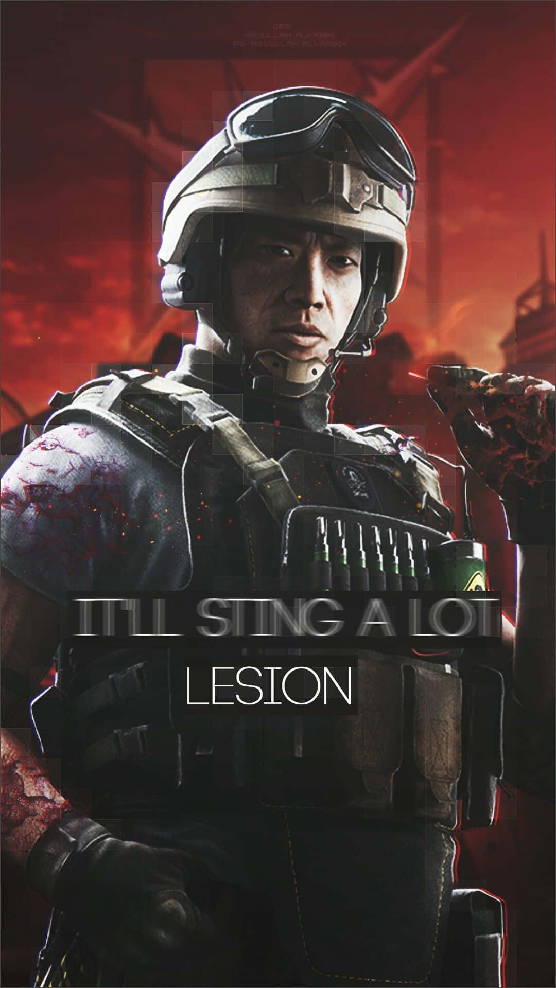 Rainbow Six Siege Lesion 桌布 壁紙 — 一名身穿戰術裝備、雙臂沾滿鮮血的士兵，站在熾熱的紅色戰場背景下。