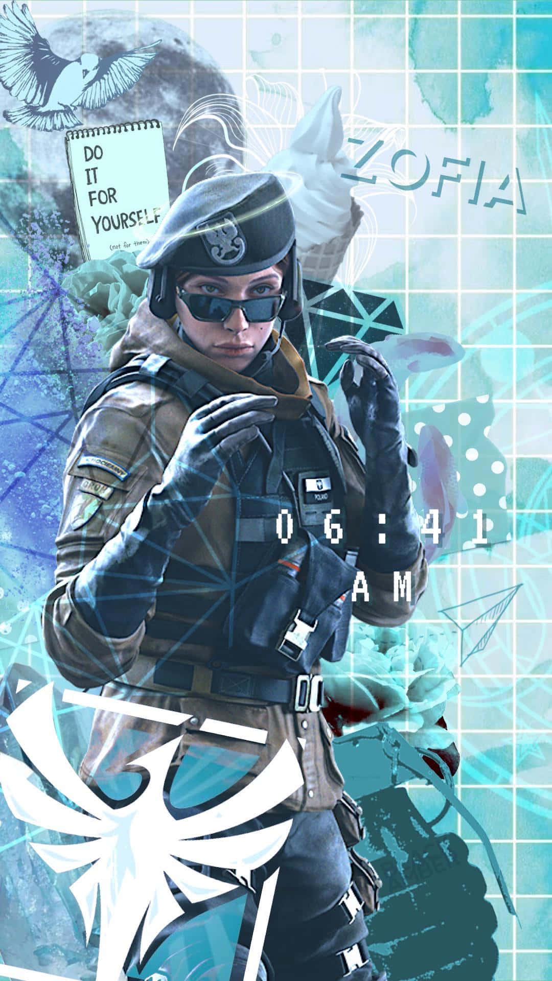 Zofia R6 桌布 壁紙 — 一名身穿戰術裝備和太陽眼鏡的士兵，站在超現實的青色網格背景前，背景有浮動的文字和符號。