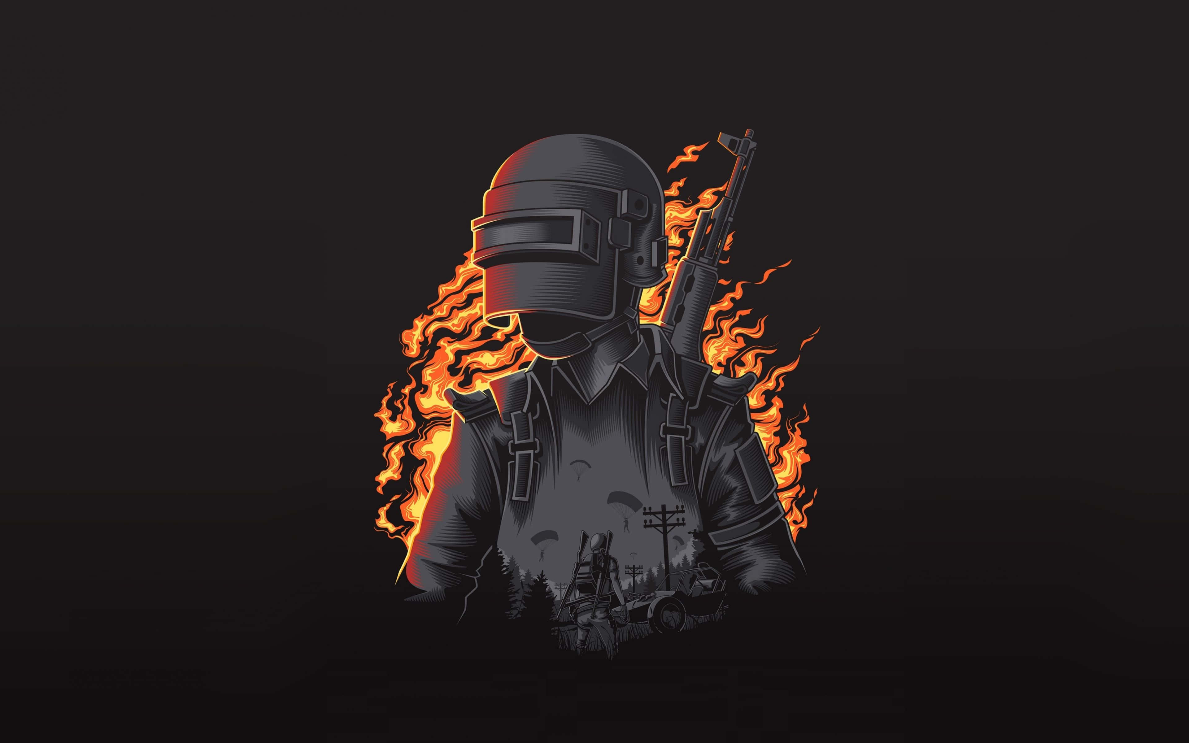 Pubg Logo 桌布 壁紙 — 一名身穿戰術裝備和頭盔的士兵，在黑暗背景和遠處戰場場景中，被熾熱的橙色火焰吞沒。
