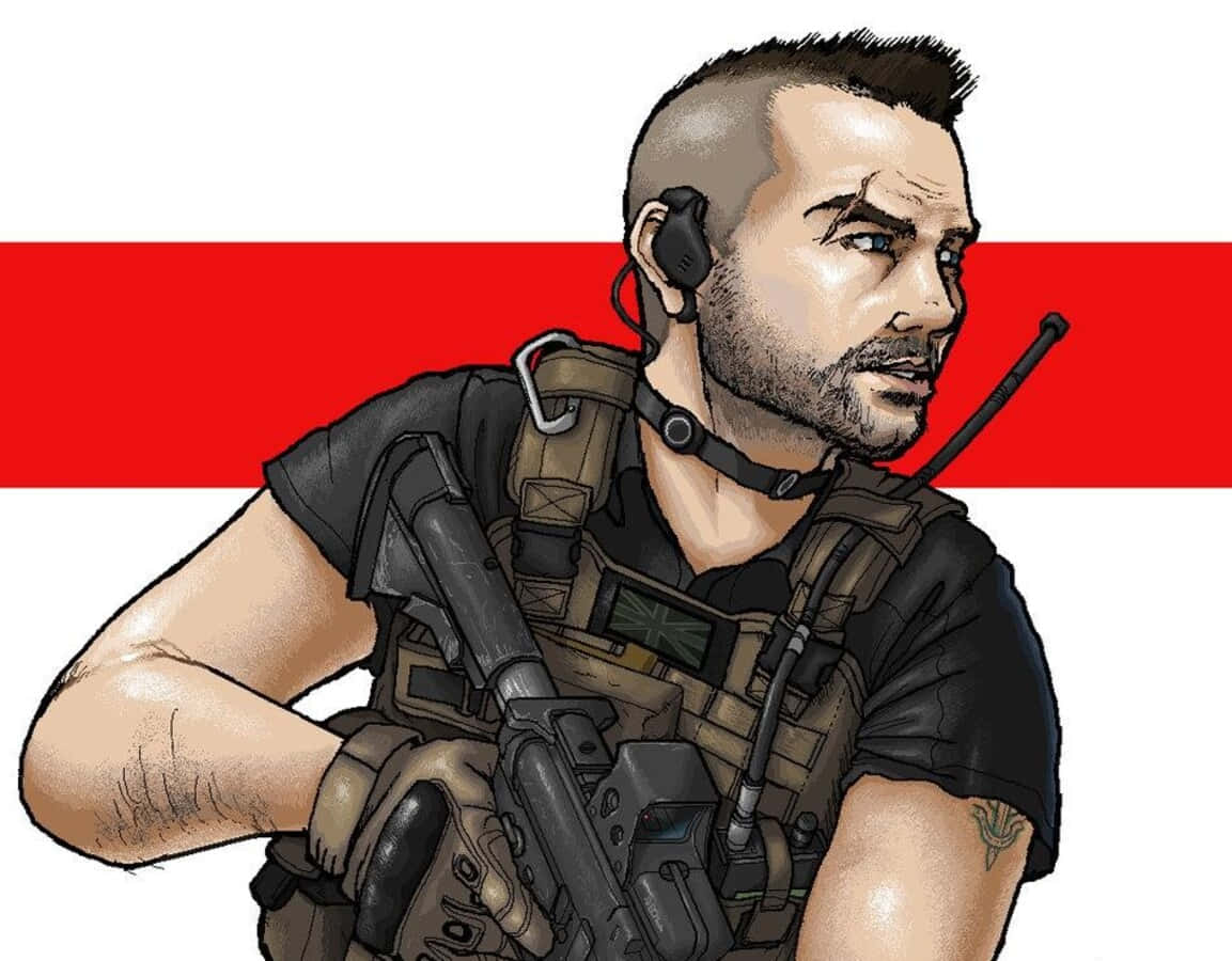 Soap Mactavish 桌布 壁紙 — 一名身穿戰術裝備的嚴肅士兵，在鮮明的紅白背景下持步槍。