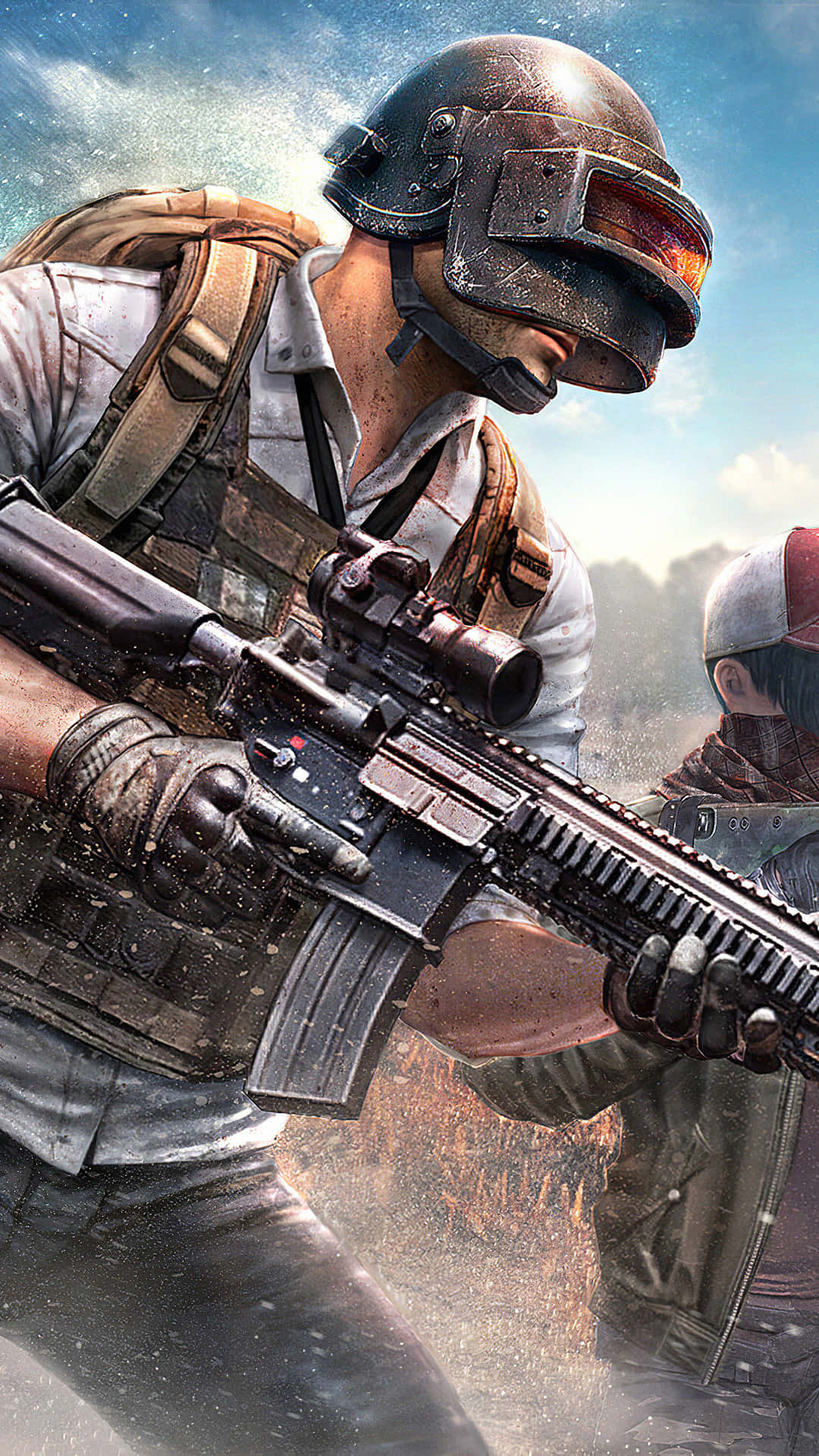 PUBG 桌布 壁紙 — 一名身穿戰術裝備的士兵，在明亮的天空背景下，以強烈的專注力瞄準步槍。
