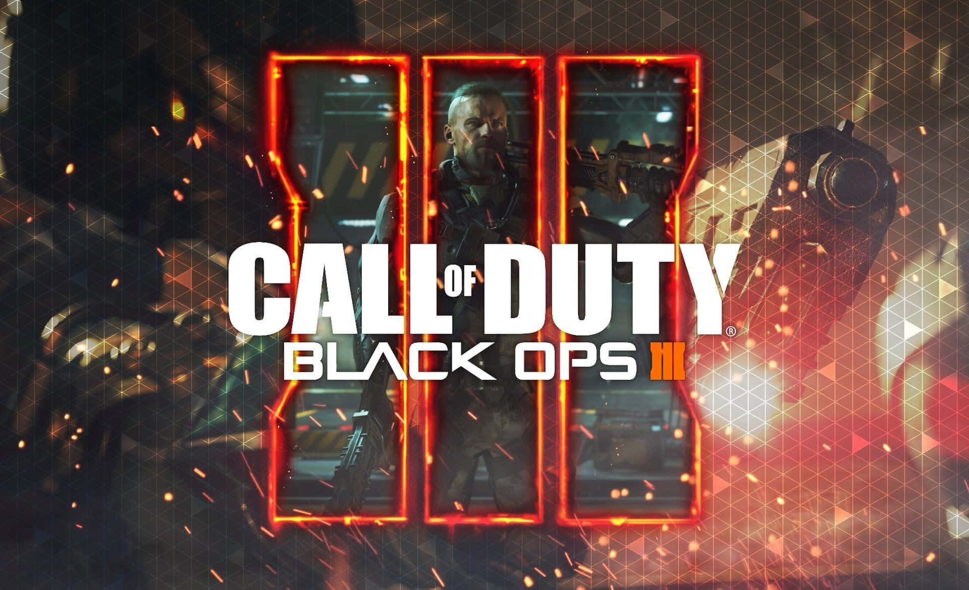Black Ops 3 桌布 壁紙 — 一名身穿戰術裝備的士兵，在熾熱火花和數碼網格圖案中，被發光的紅色面板框住。