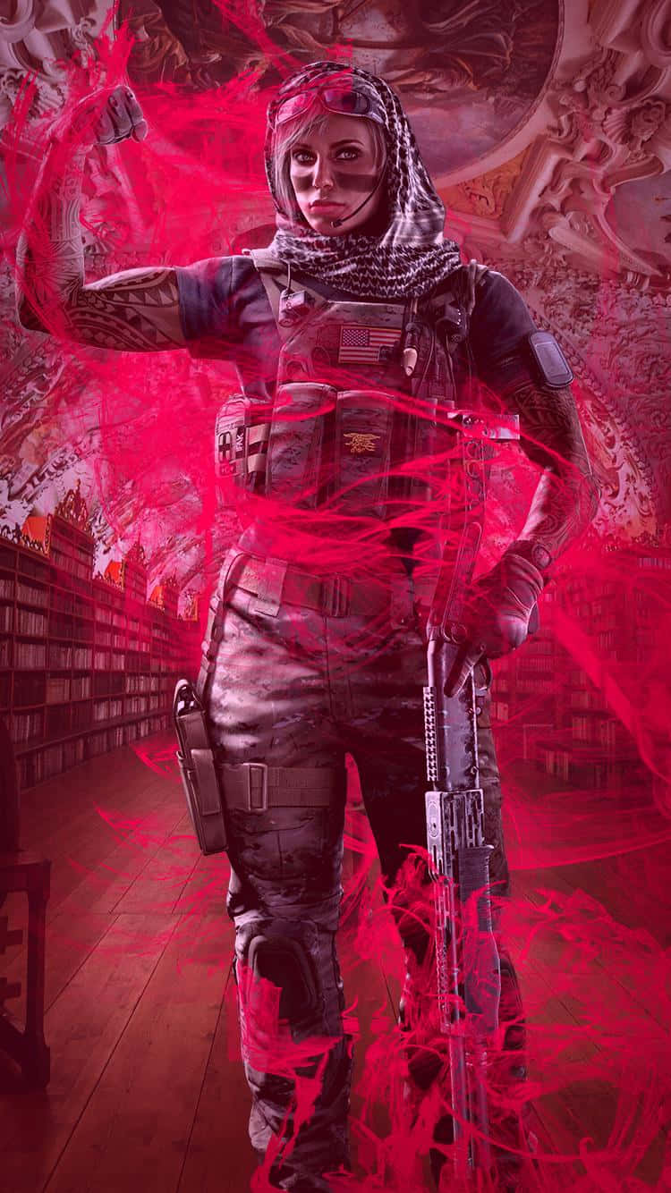 Rainbow Six Siege Valkyrie 桌布 壁紙 — 一名身穿戰術裝備的士兵在圖書館中挑釁地站立，周圍環繞著旋轉的紅色能量和華麗的建築。