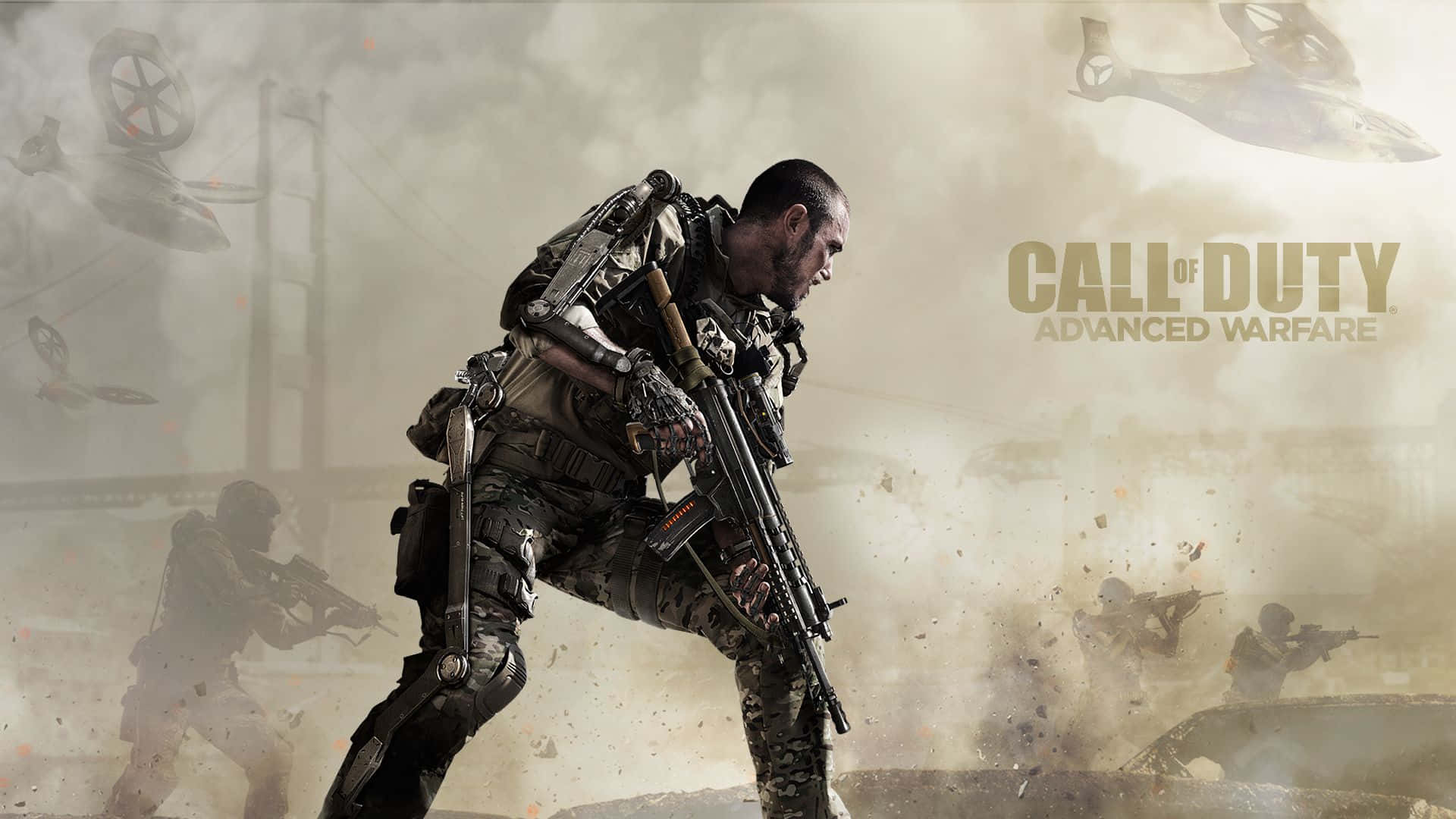 Call Of Duty Soldiers 桌布 壁紙 — 一名身穿戰術裝備的士兵在塵土飛揚的戰場上前進，背景有直升機和其他士兵。