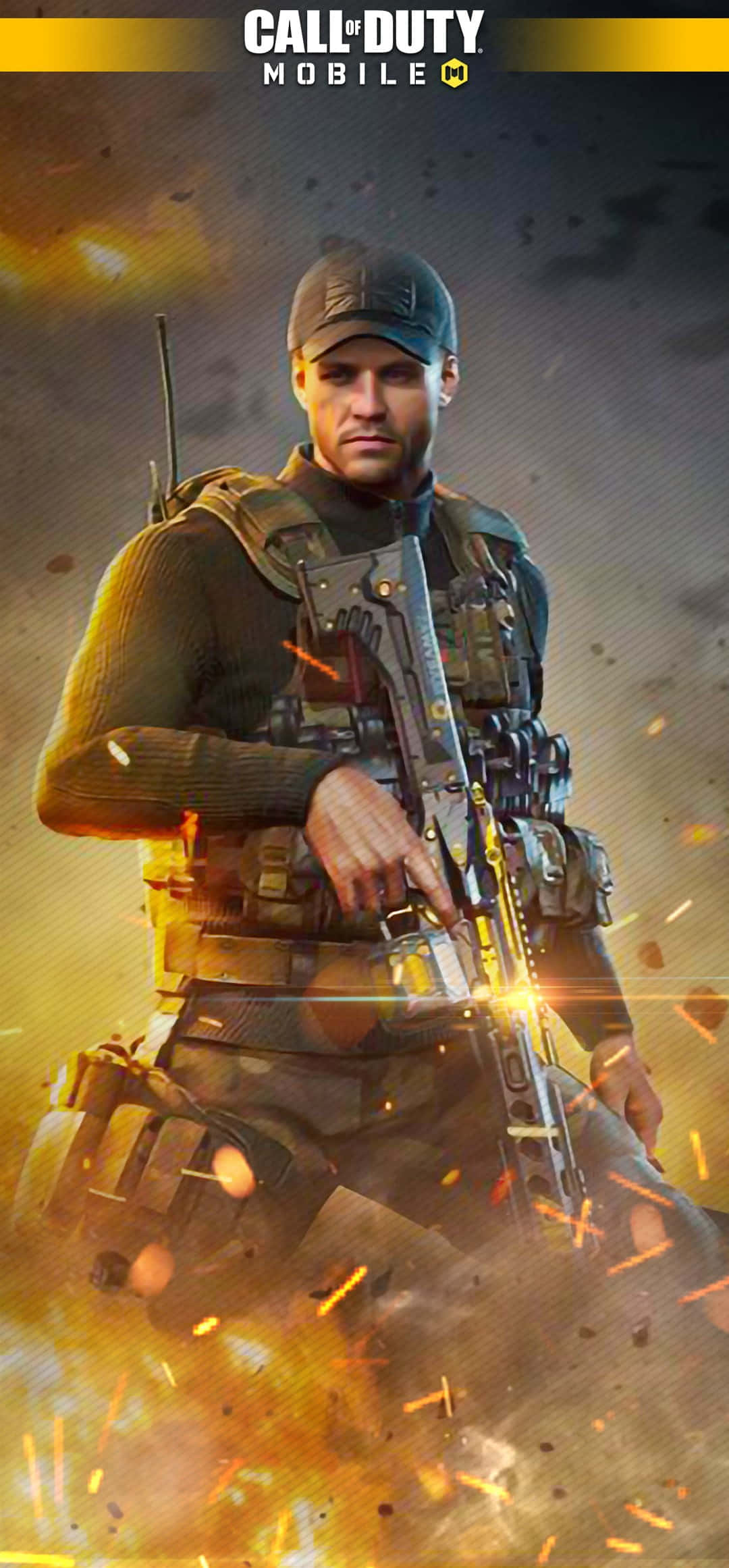 Cod Mobile Character Skins 桌布 壁紙 — 一名身穿戰術裝備的士兵在戲劇性的天空下，於熾熱的爆炸和煙霧中手持步槍。