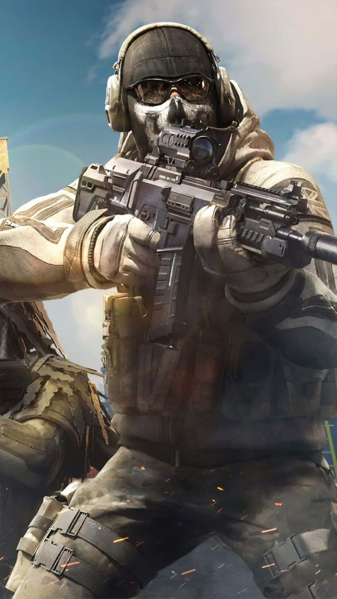 Call Of Duty Weapons 桌布 壁紙 — 一名身穿戰術裝備的士兵在明亮的天空背景下瞄準步槍，火花四濺。