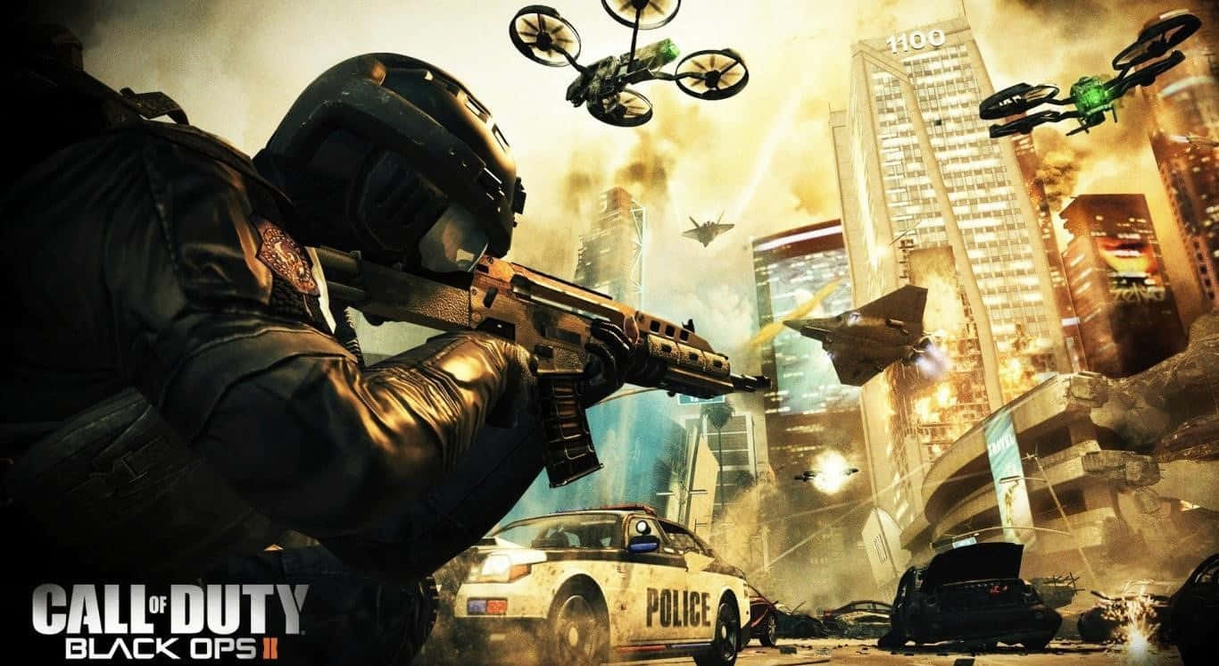 Black Ops 3 桌布 壁紙 — 一名身穿戰術裝備的士兵在混亂的城市戰場中開火，周圍有飛行的無人機和爆炸的摩天大樓。