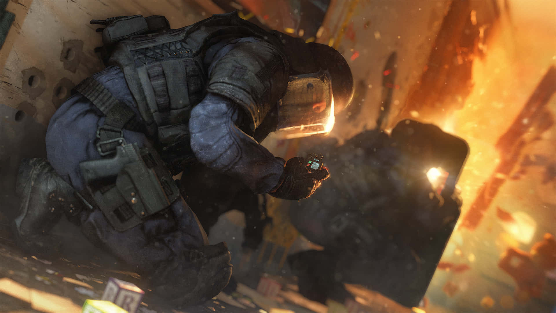 Rainbow Six Siege Operators 桌布 壁紙 — 一名身穿戰術裝備的士兵在激烈的城市戰鬥場景中蹲伏在燃燒的碎片中。
