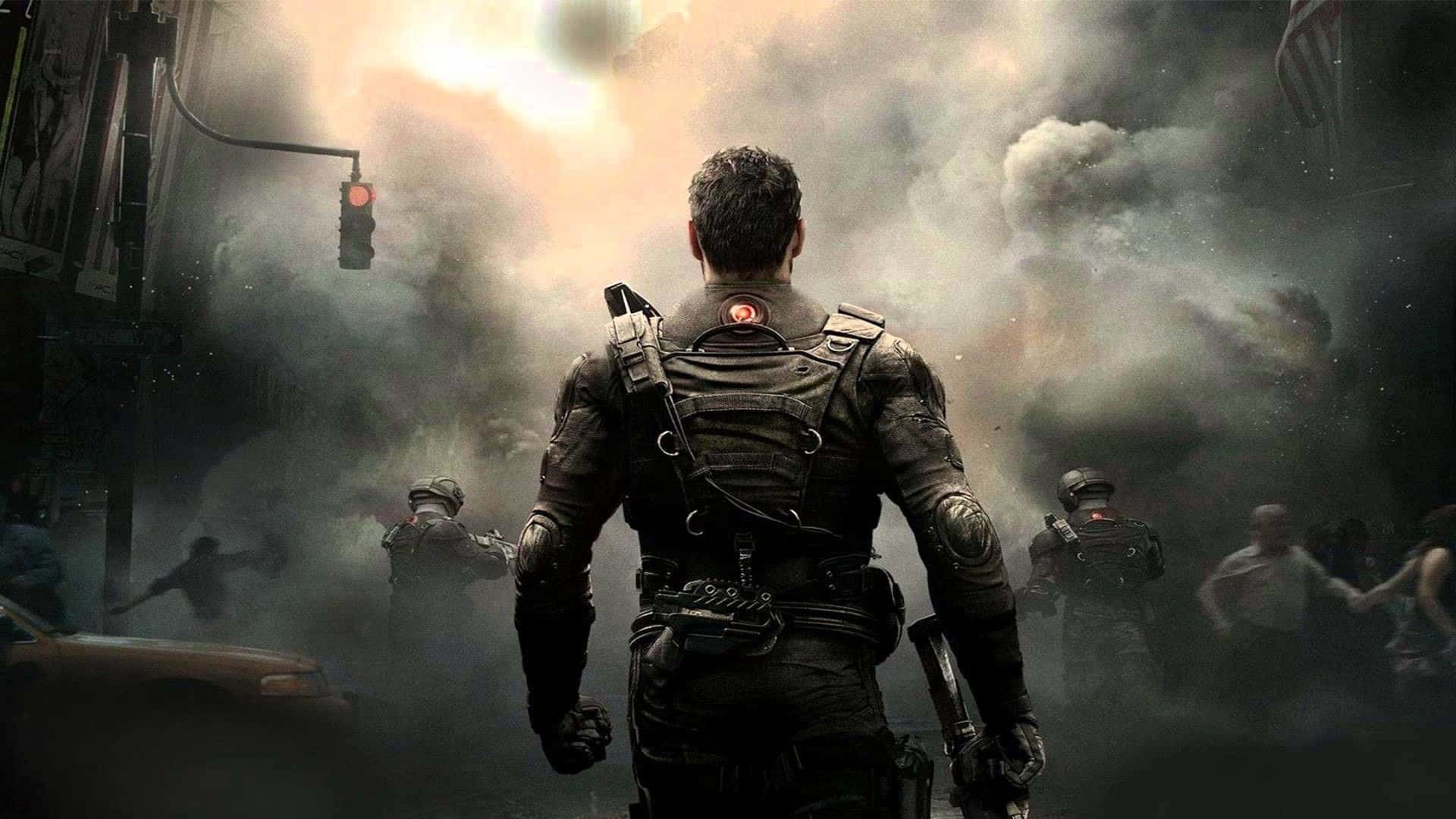 War Games 桌布 壁紙 — 一名身穿戰術裝備的士兵在煙霧和火焰的背光下站立，混亂在毀壞的城市街道上爆發。