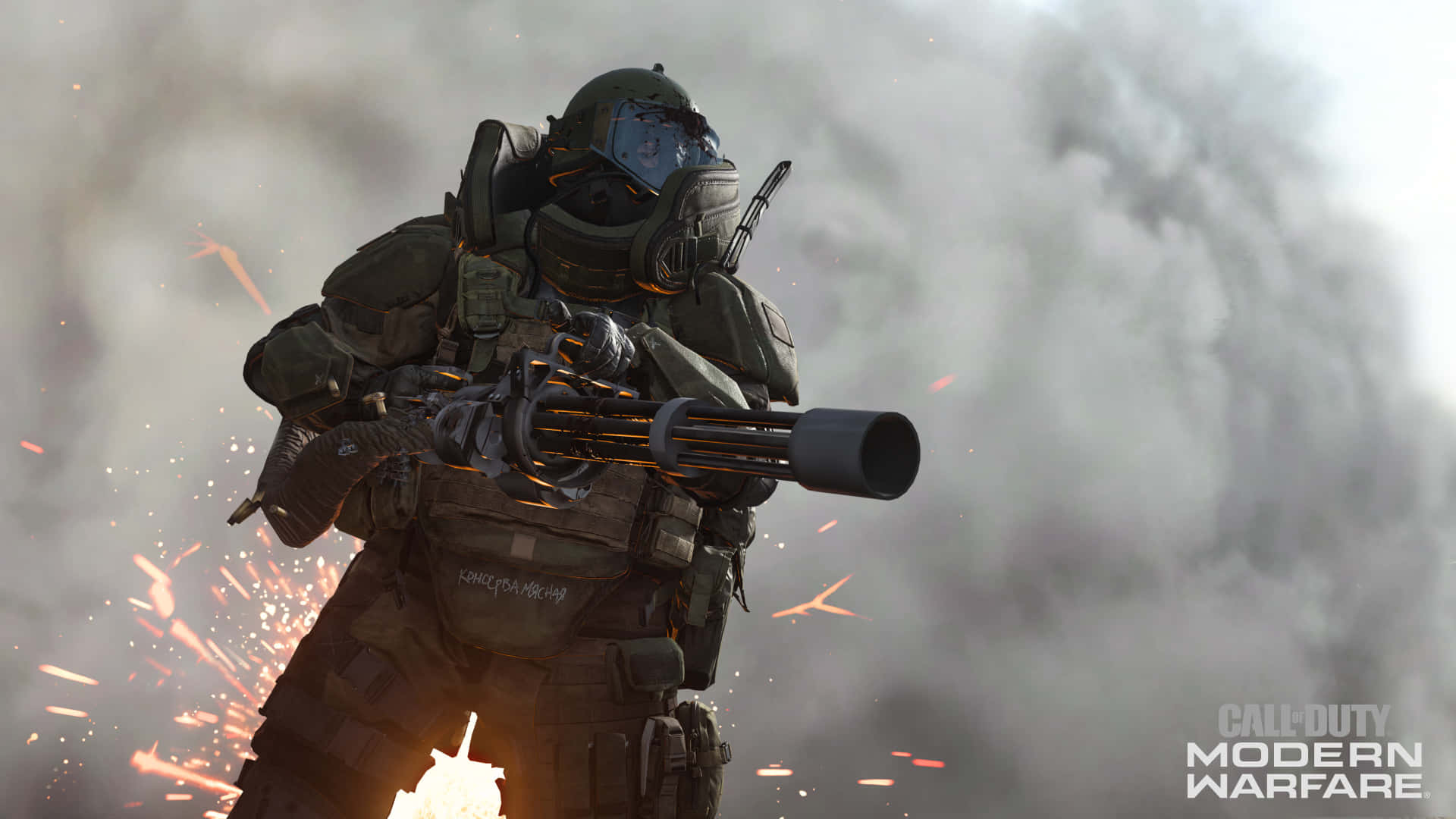 Call Of Duty PS4 桌布 壁紙 — 一名身穿戰術裝備的士兵在煙霧和火花中發射迷你砲，呈現 gritty 的戰鬥場景。
