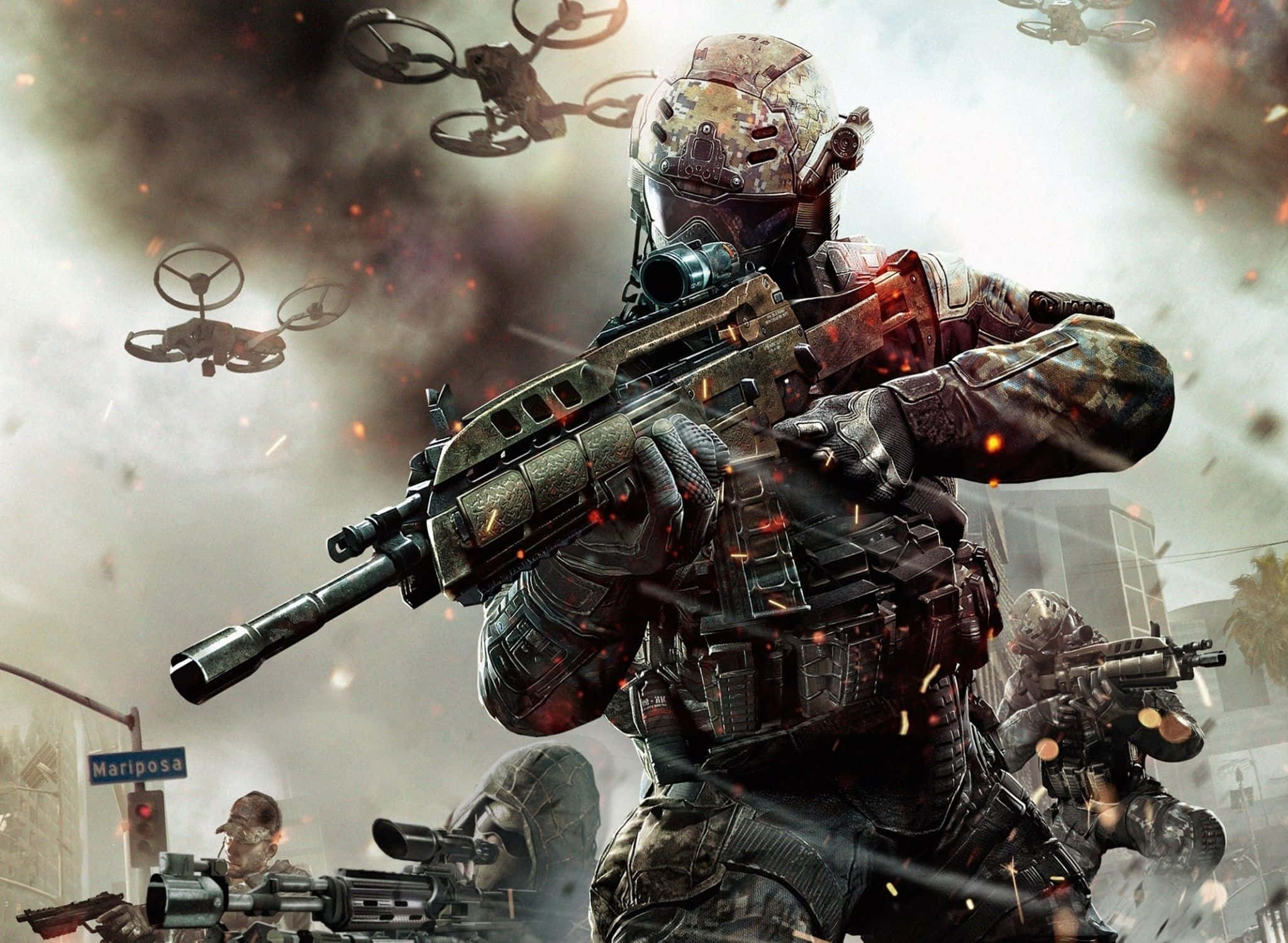 Cod 桌布 壁紙 — 一名身穿戰術裝備的士兵在煙霧和飛行的無人機中，於混亂的城市戰場上開火射擊步槍。