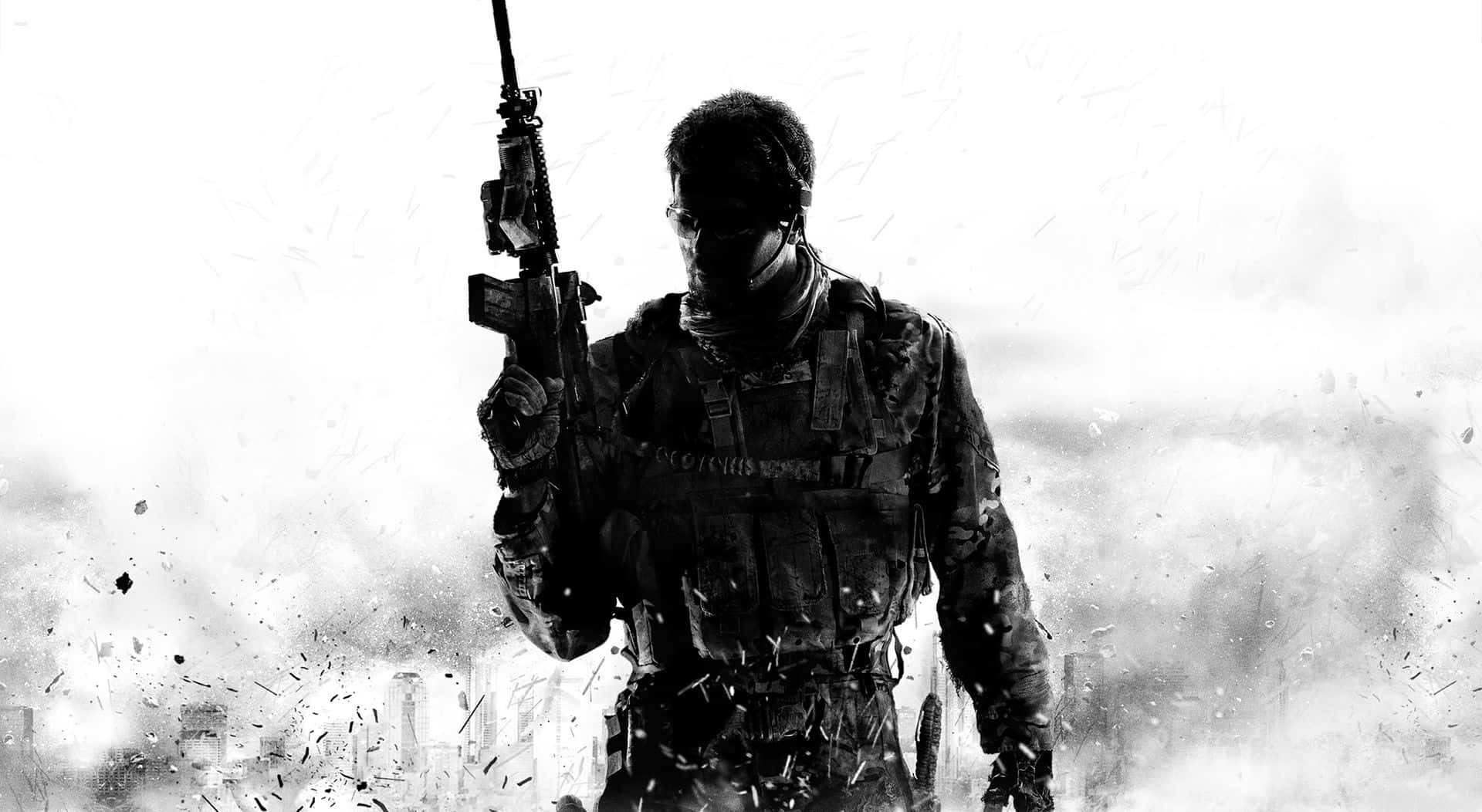 Call Of Duty Soldiers 桌布 壁紙 — 一名身穿戰術裝備的士兵在煙霧瀰漫的戰場背景下，手持步槍，呈現鮮明的黑白影像。