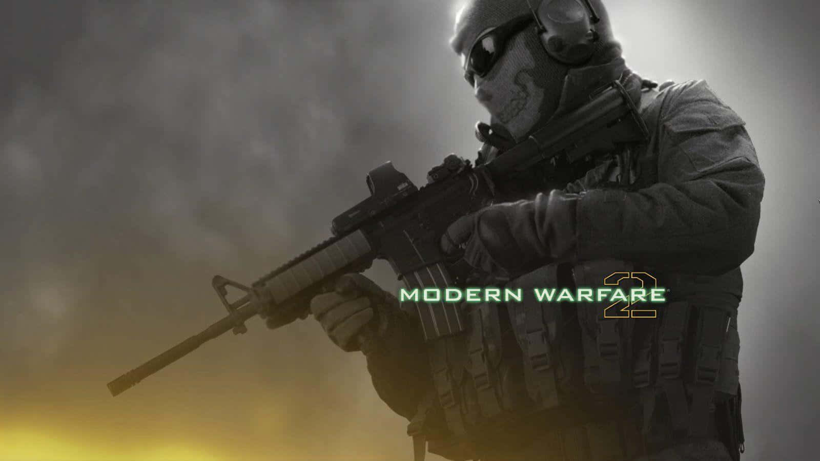 Soap Mactavish 桌布 壁紙 — 一名身穿戰術裝備的士兵在煙霧瀰漫的戰場背景下，手持突擊步槍，橙色地平線閃耀。
